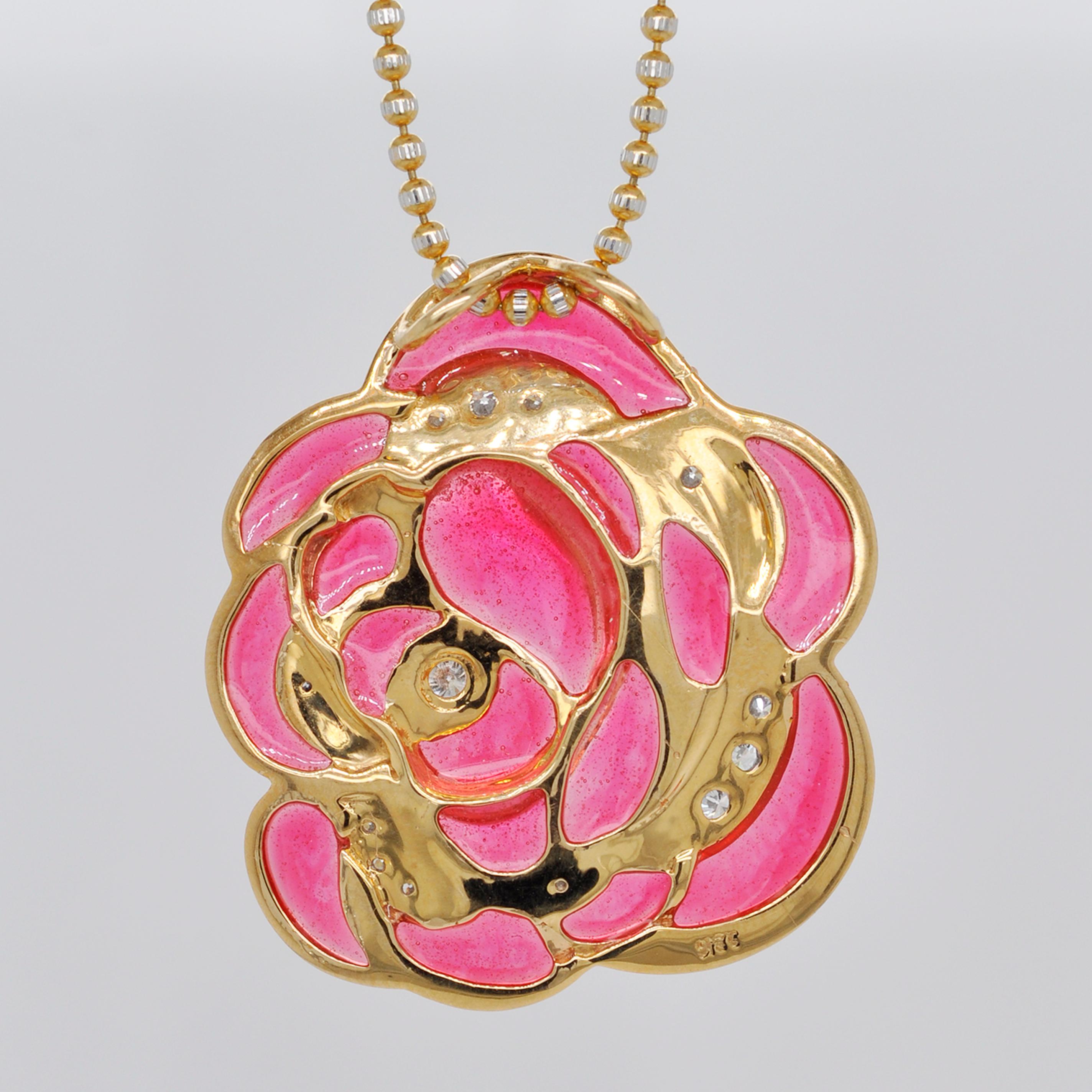 Women's 18 Karat Gold Pink Enamel Plique-a-Jour Rose Pendant Necklace For Sale