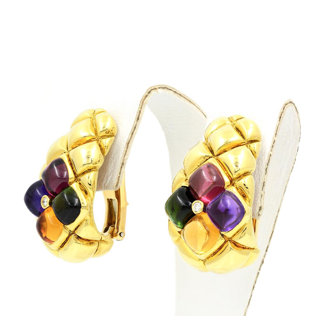 Round Cut 18 Karat Gold Pink-Green Tourmalines Amethyst Citrine Half Hoop Earrings