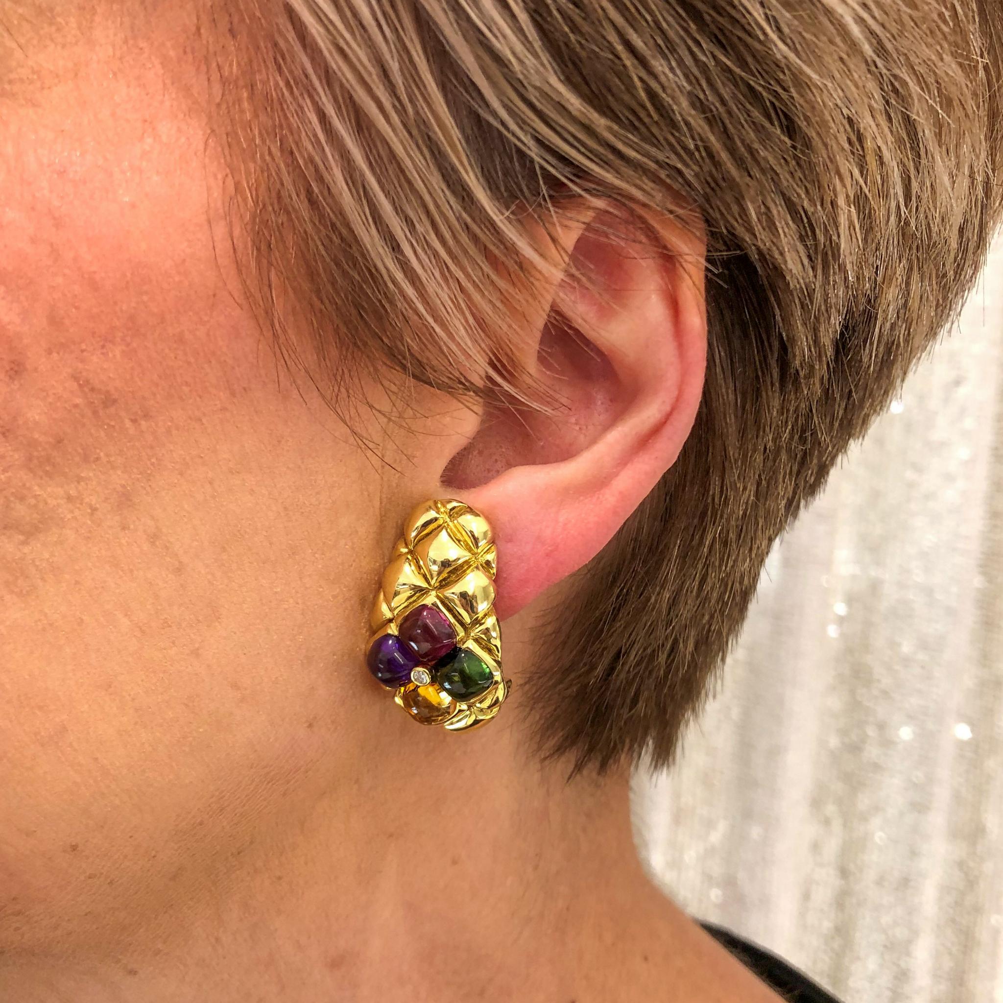 18 Karat Gold Pink-Green Tourmalines Amethyst Citrine Half Hoop Earrings 4
