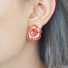 18 Karat Gold Pink Plique-A-Jour Enamel Rose Stud Earrings