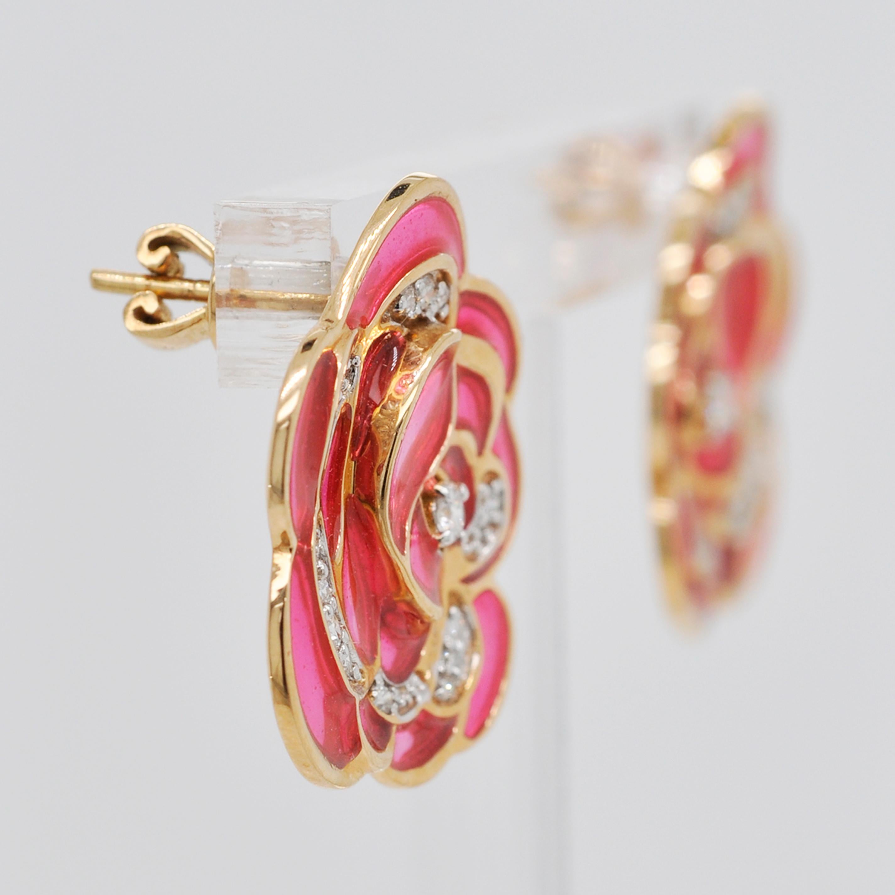 Contemporary 18 Karat Gold Pink Plique-A-Jour Enamel Rose Stud Earrings For Sale