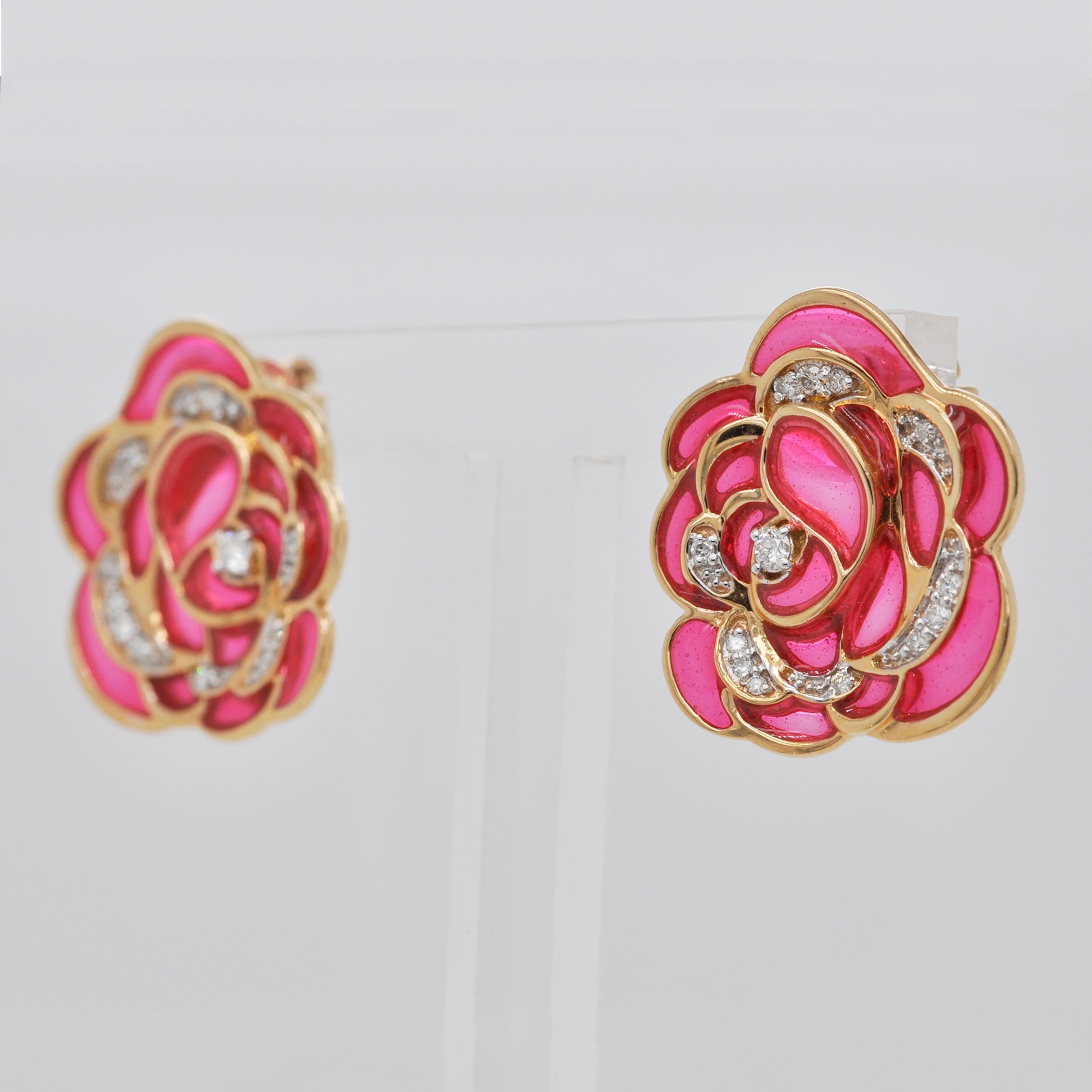 Round Cut 18 Karat Gold Pink Plique-A-Jour Enamel Rose Stud Earrings For Sale