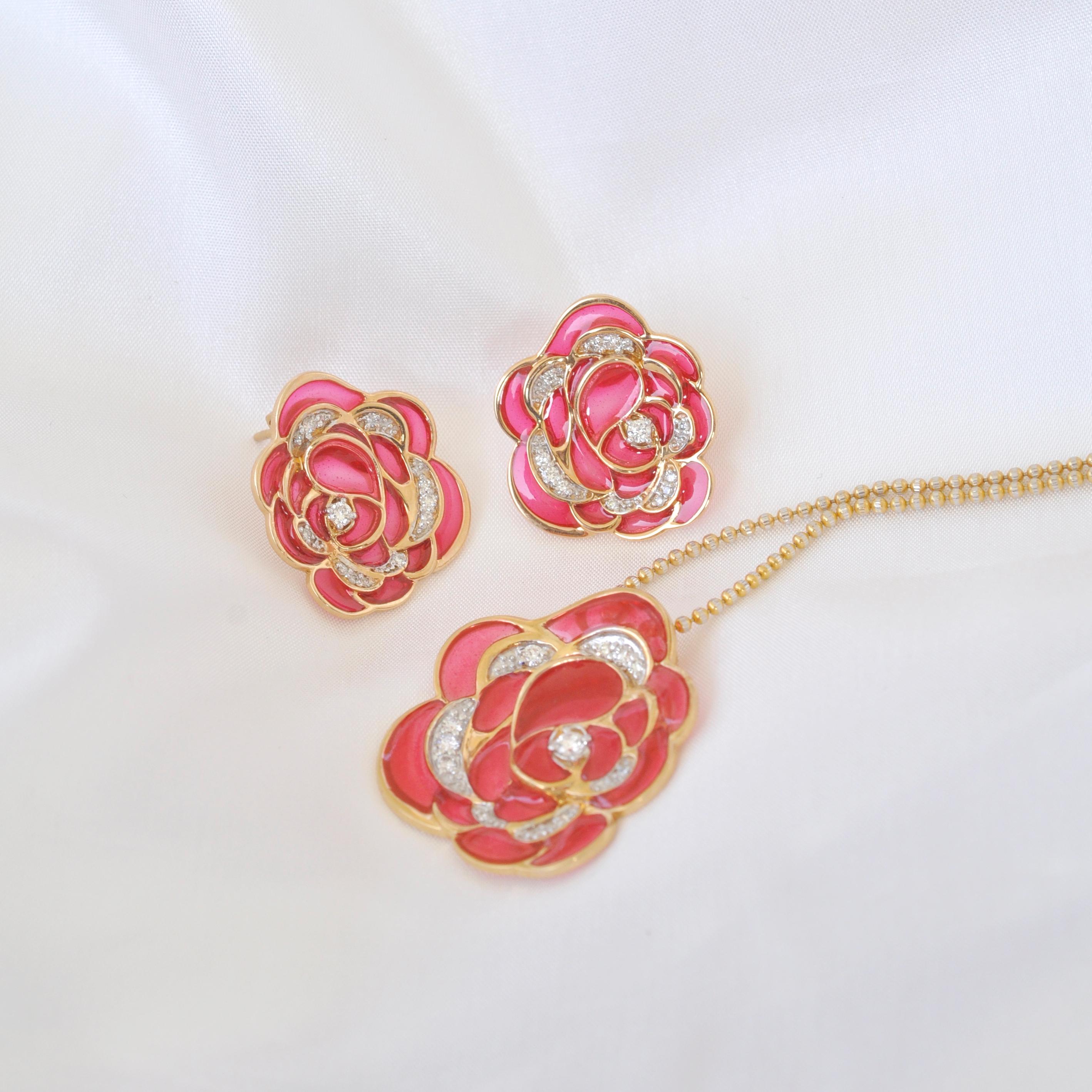 Women's 18 Karat Gold Pink Plique-A-Jour Enamel Rose Stud Earrings For Sale