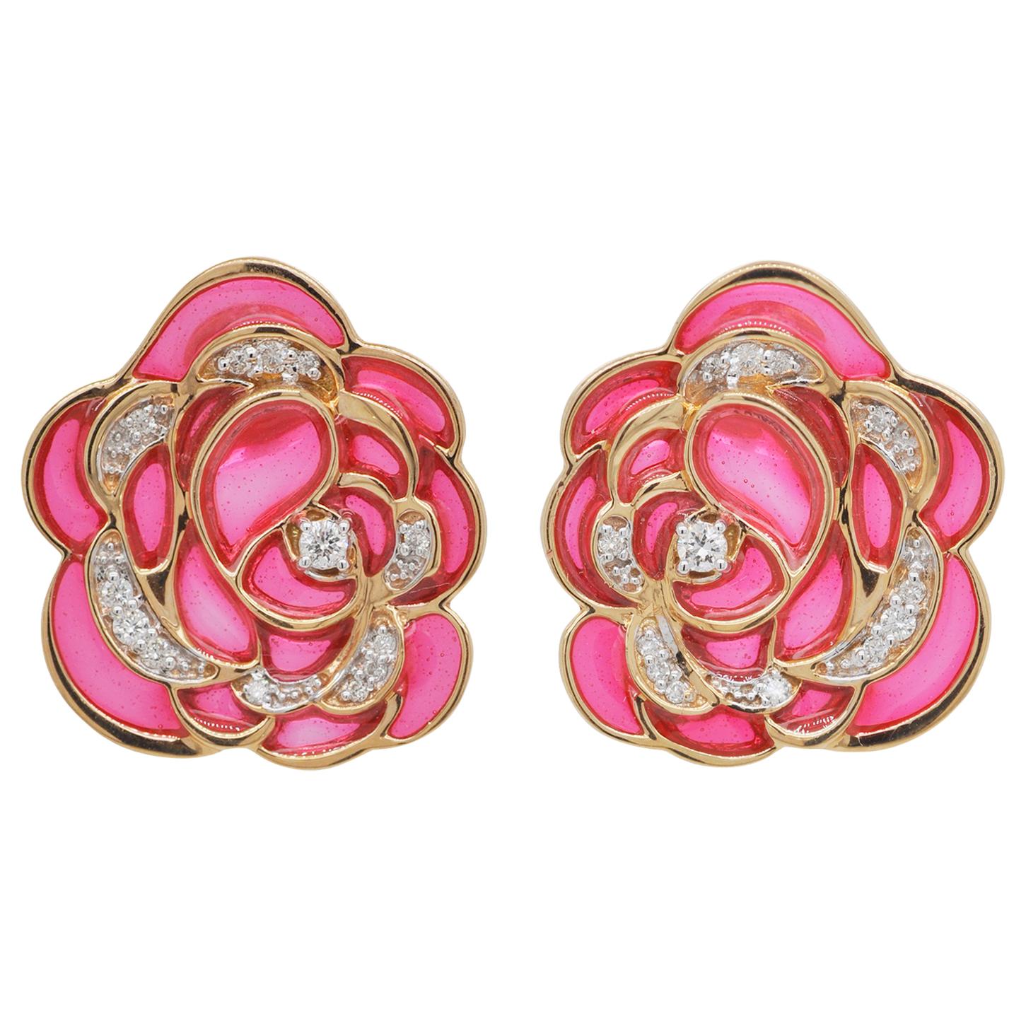 18 Karat Gold Pink Plique-A-Jour Enamel Rose Stud Earrings