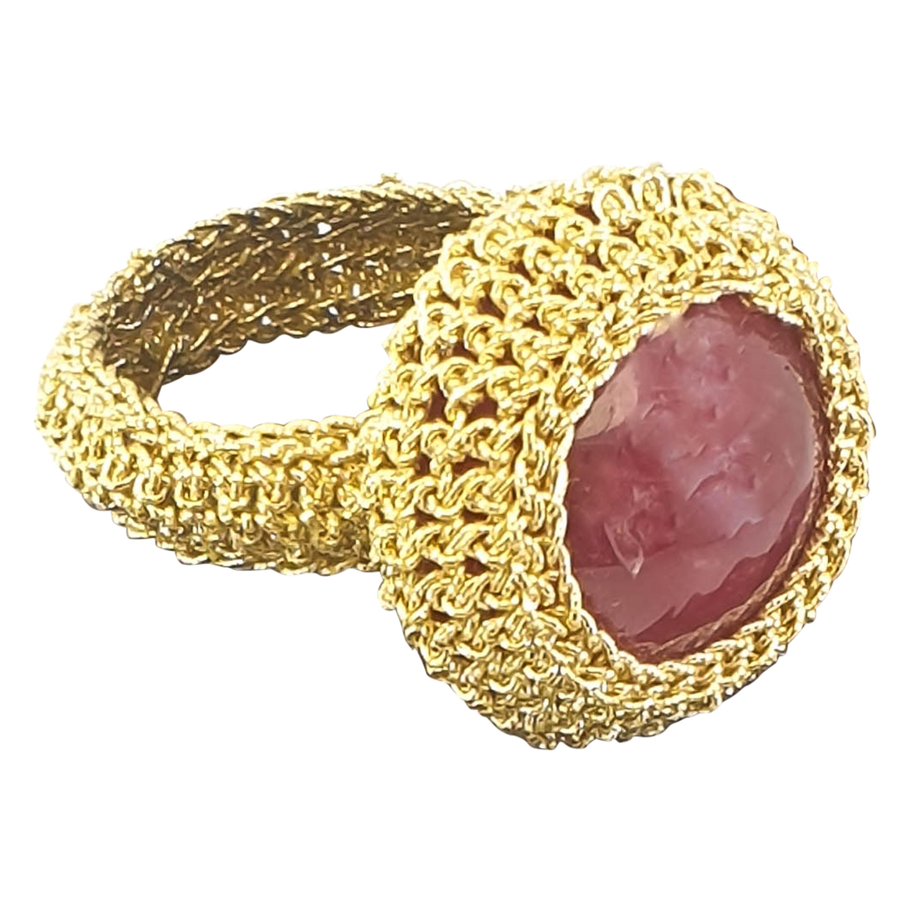 18 Karat Gold Pink Rhodonite One of a Kind Handcrafted Crochet Cocktail Ring For Sale