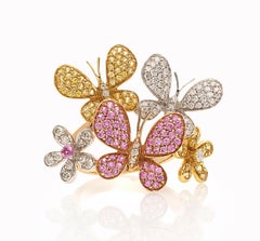18 Karat Gold Pink Sapphire Yellow Sapphire and Diamonds Butterfly Cocktail Ring