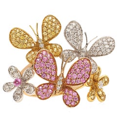 18 Karat Gold Pink Sapphire Yellow Sapphire and Diamonds Butterfly Cocktail Ring