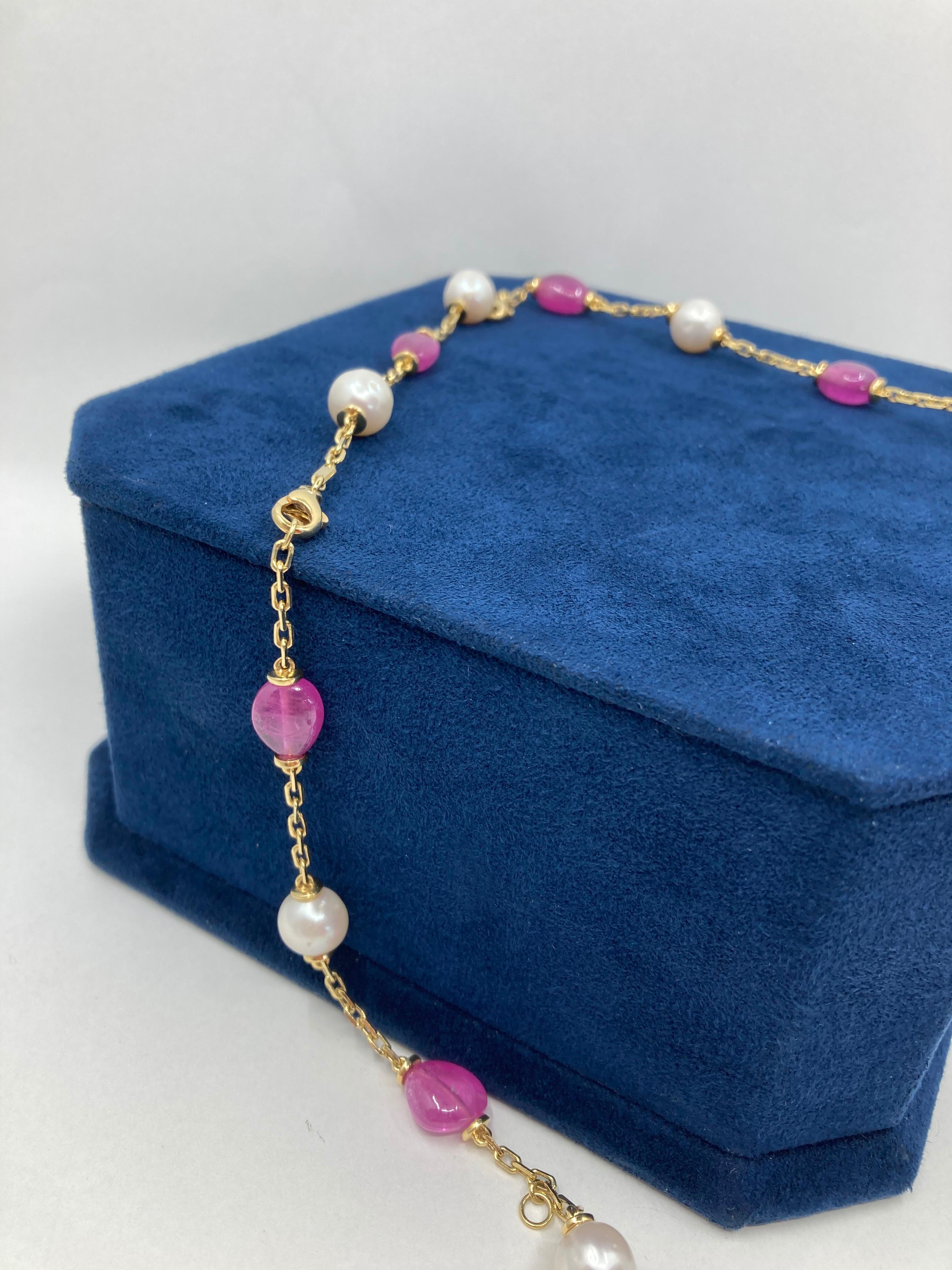 Modern 18 Karat Gold Pink Sapphires and Pearls Necklace For Sale
