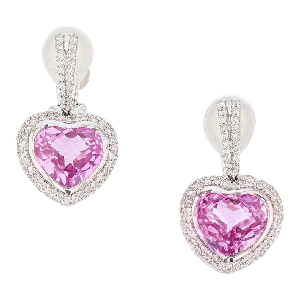 18 Karat Gold Pink Topaz and Diamond Heart Earrings