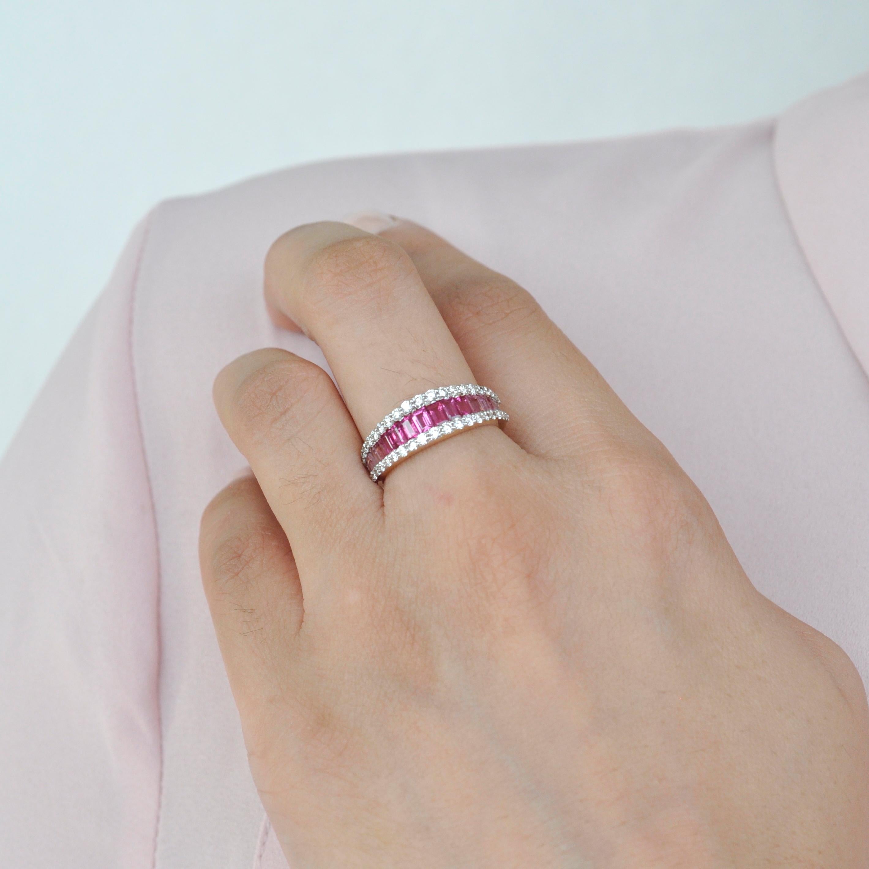 Art, color and culture all come together to inspire this delicate 18 karat gold pink tourmaline baguette diamond contemporary band ring, where dégradé hues of pink tourmaline exudes feminism while dictating the movement of eye. Meticulous