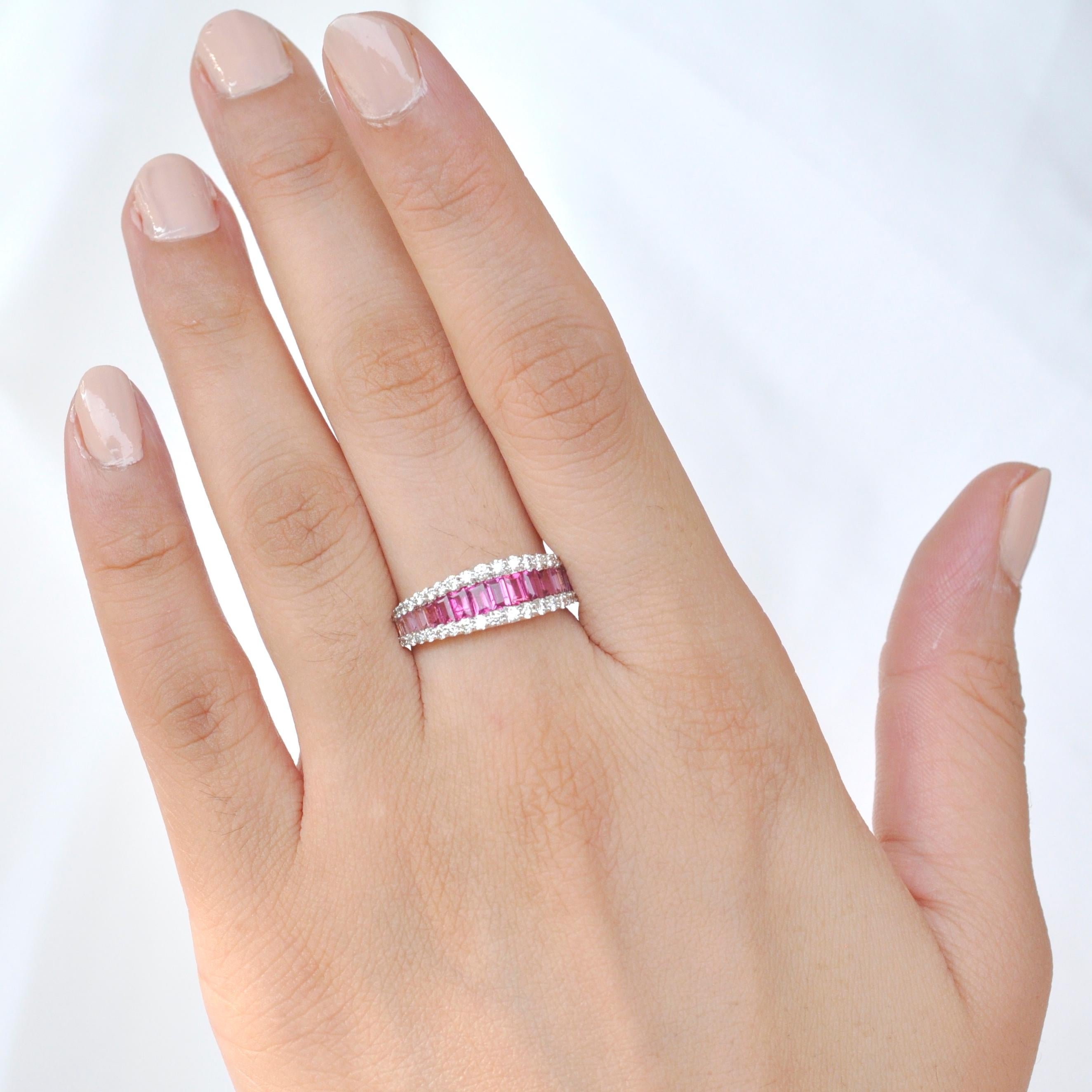18 karat gold pink tourmaline baguette diamond contemporary wedding band ring.

Art, color and culture all come together to inspire this delicate 18 karat gold pink tourmaline baguette diamond contemporary wedding band ring, where dégradé hues of