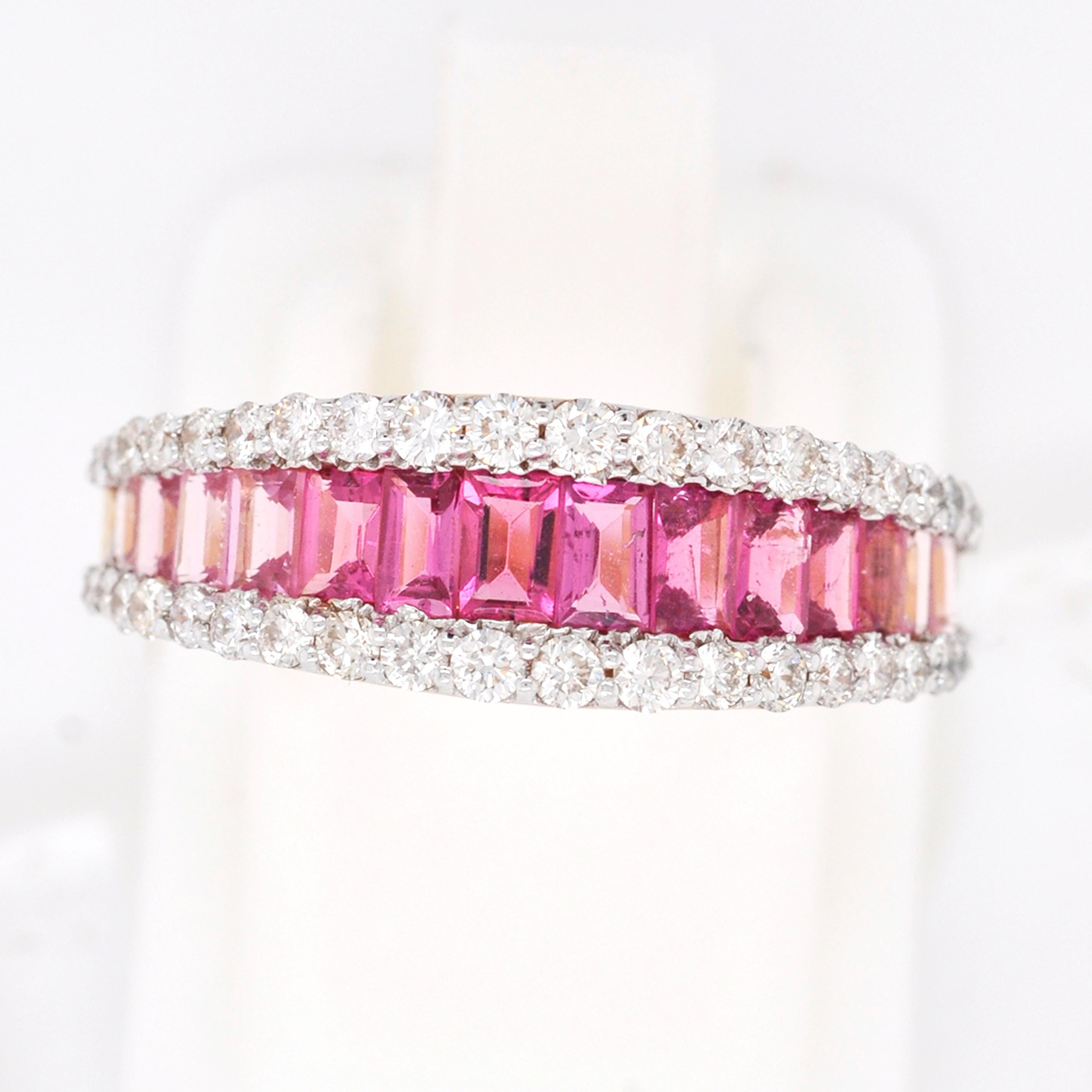 Women's 18 Karat Gold Pink Tourmaline Baguette Diamond Contemporary Wedding Band Ring For Sale