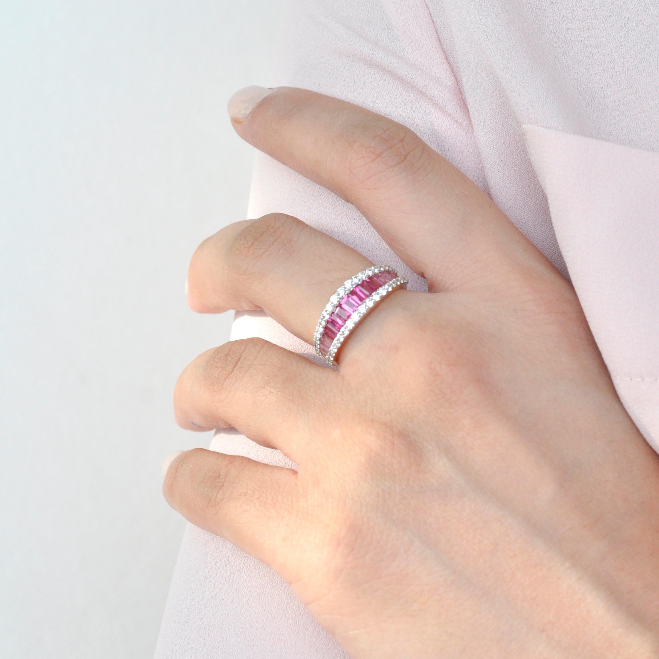 18 Karat Gold Pink Tourmaline Baguette Diamond Contemporary Wedding Band Ring For Sale 4