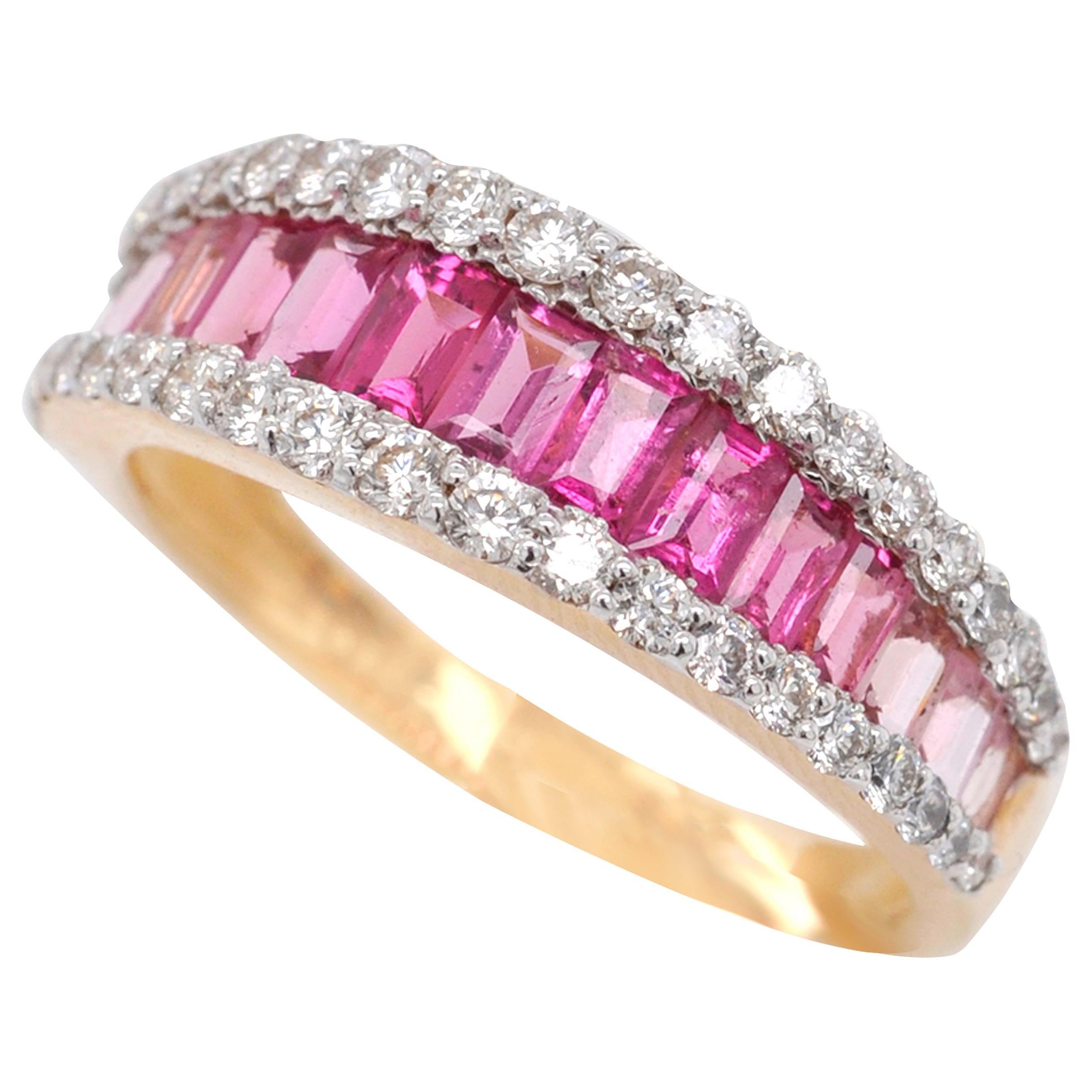 18 Karat Gold Pink Tourmaline Baguette Diamond Contemporary Band Ring