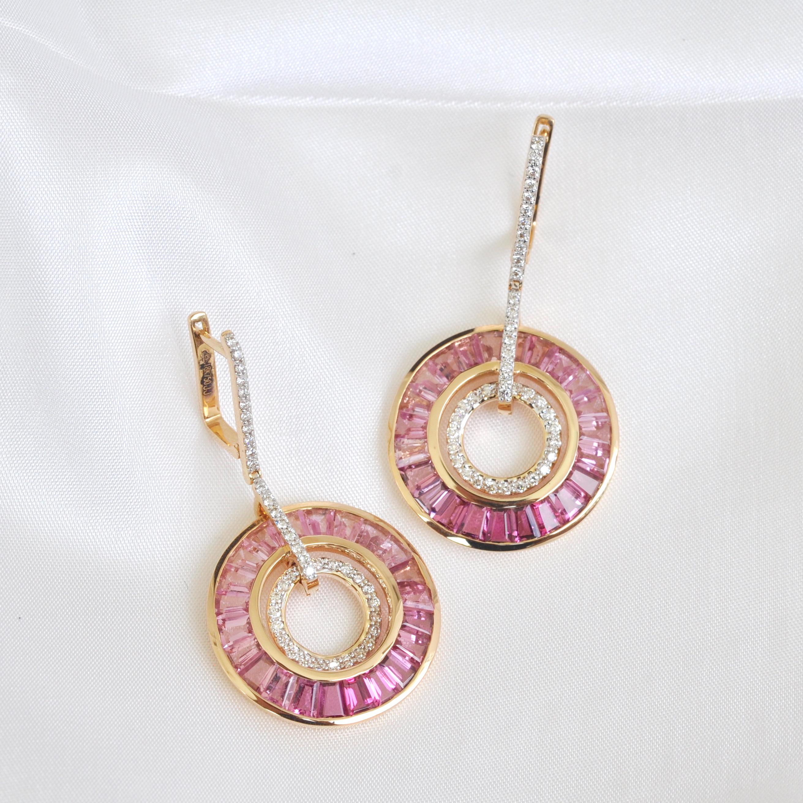 Art Deco Style 18 Karat Gold Pink Tourmaline Baguette Diamond Circular Earrings 9
