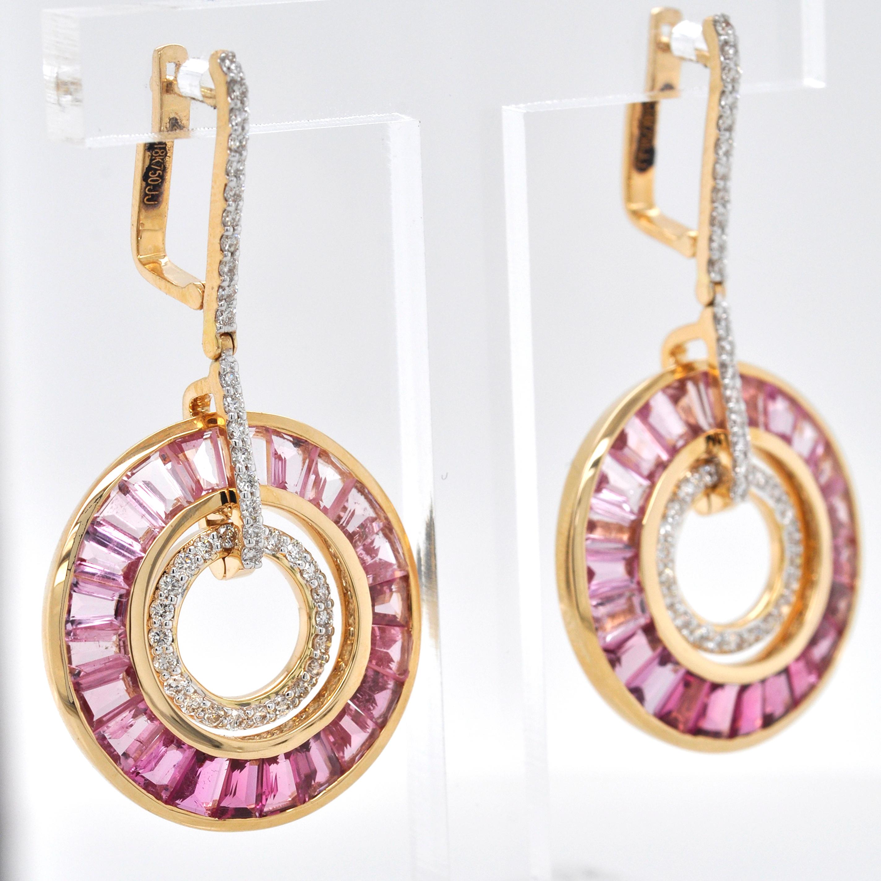 Tapered Baguette Art Deco Style 18 Karat Gold Pink Tourmaline Baguette Diamond Circular Earrings