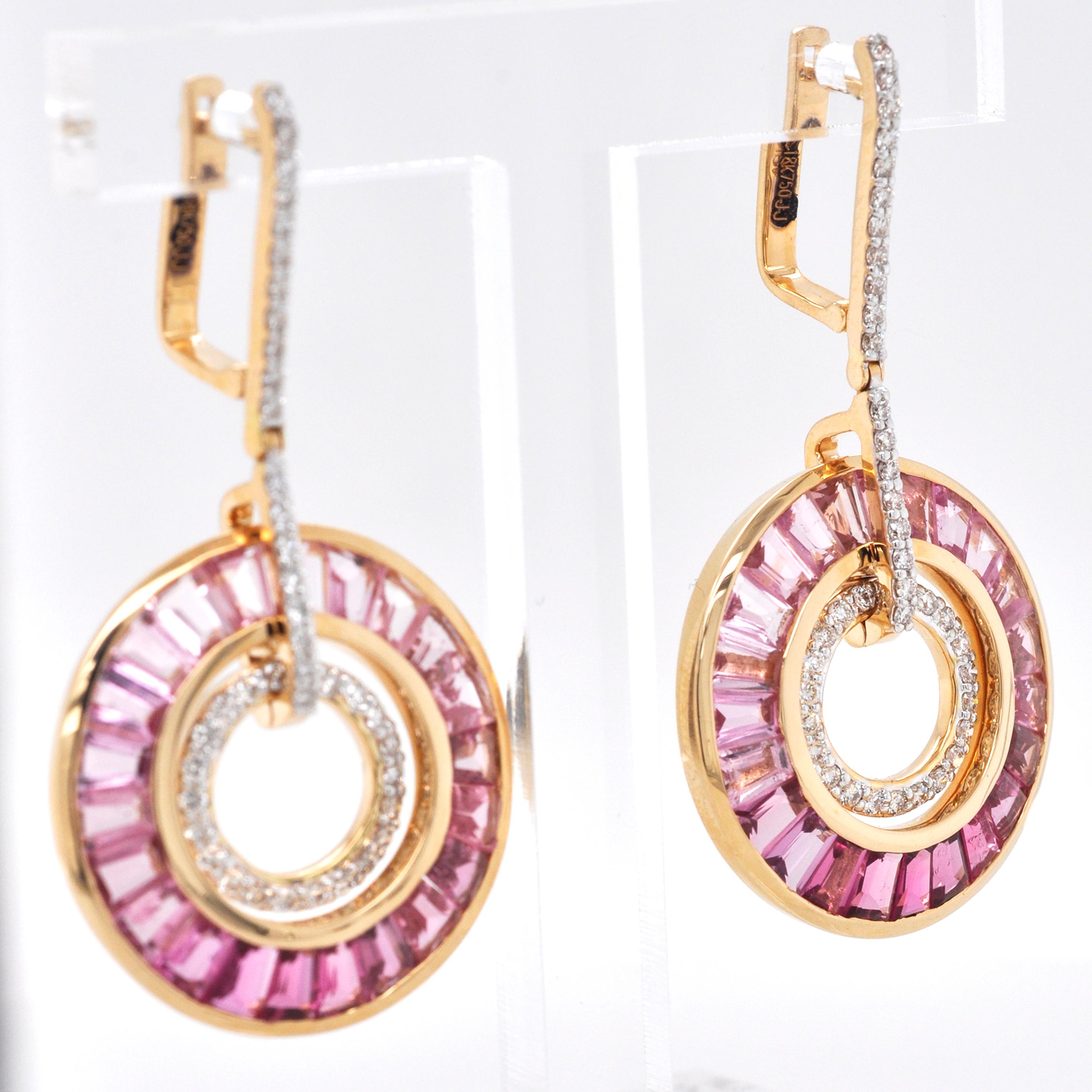 Art Deco Style 18 Karat Gold Pink Tourmaline Baguette Diamond Circular Earrings In New Condition In Jaipur, Rajasthan