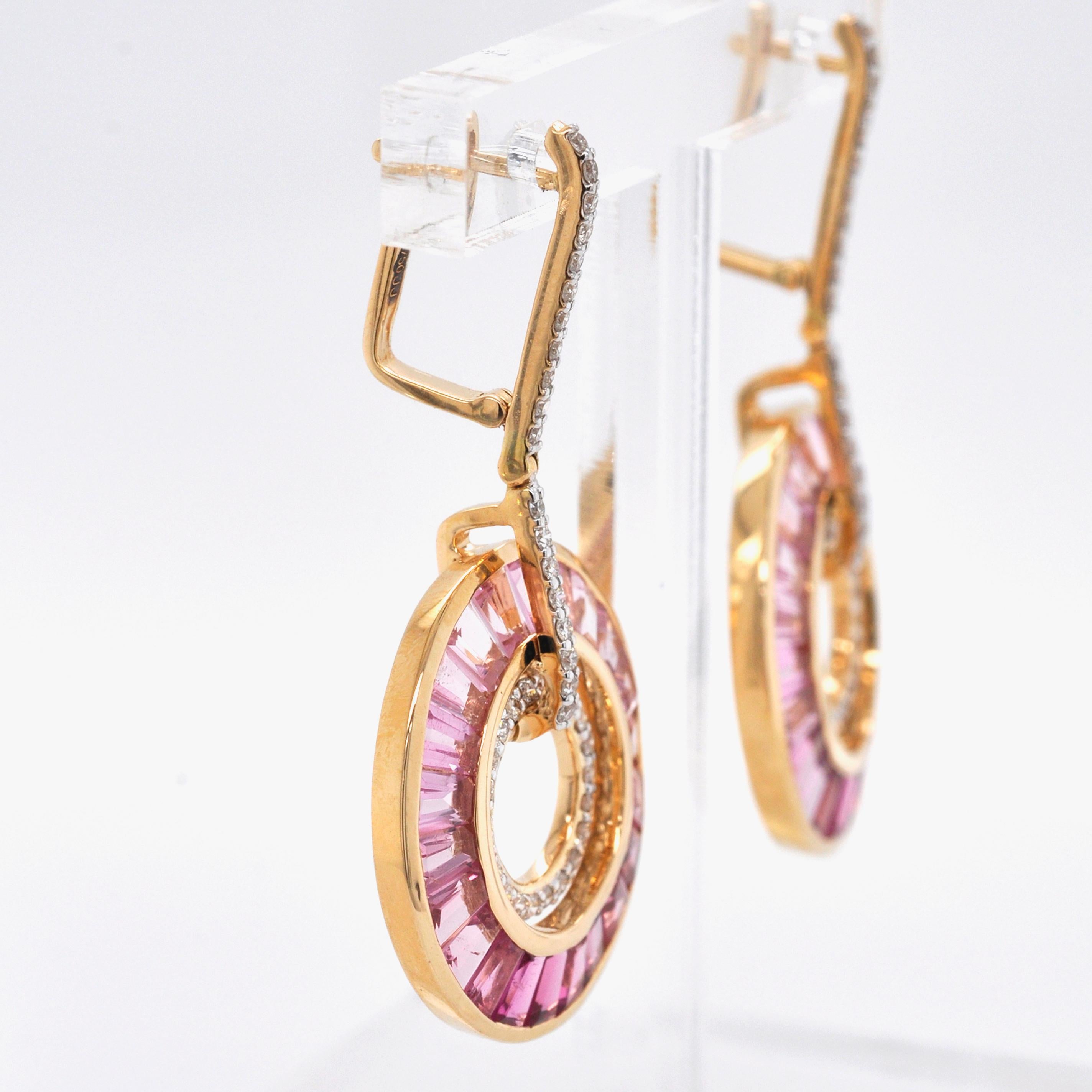 Women's Art Deco Style 18 Karat Gold Pink Tourmaline Baguette Diamond Circular Earrings