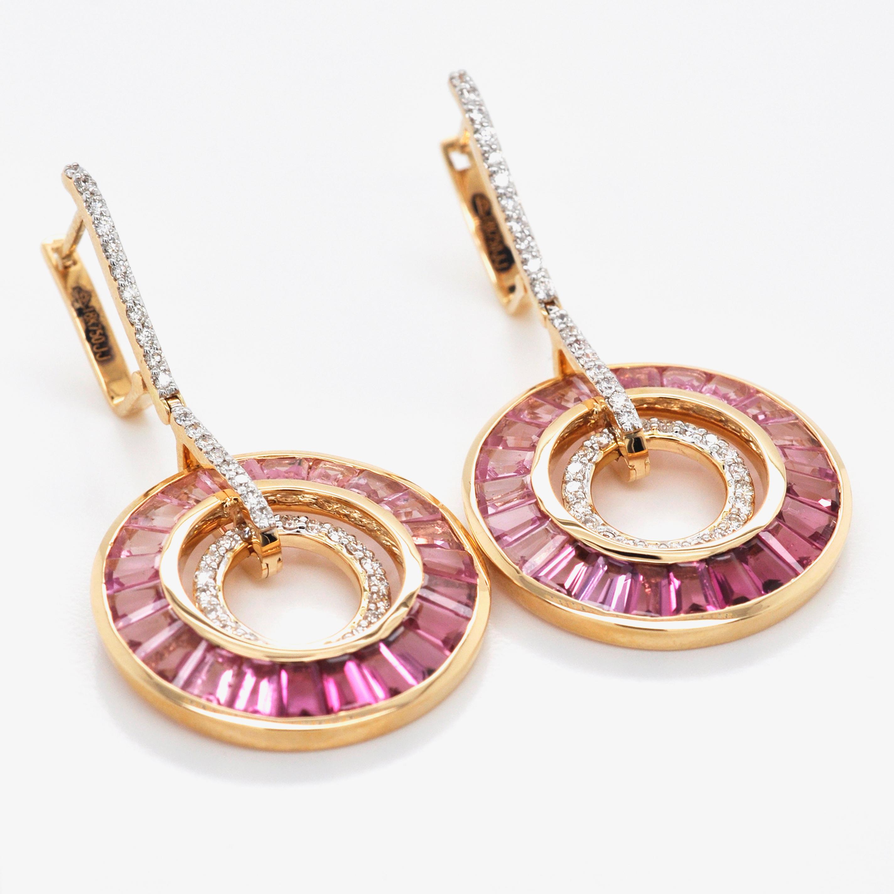 Art Deco Style 18 Karat Gold Pink Tourmaline Baguette Diamond Circular Earrings 2