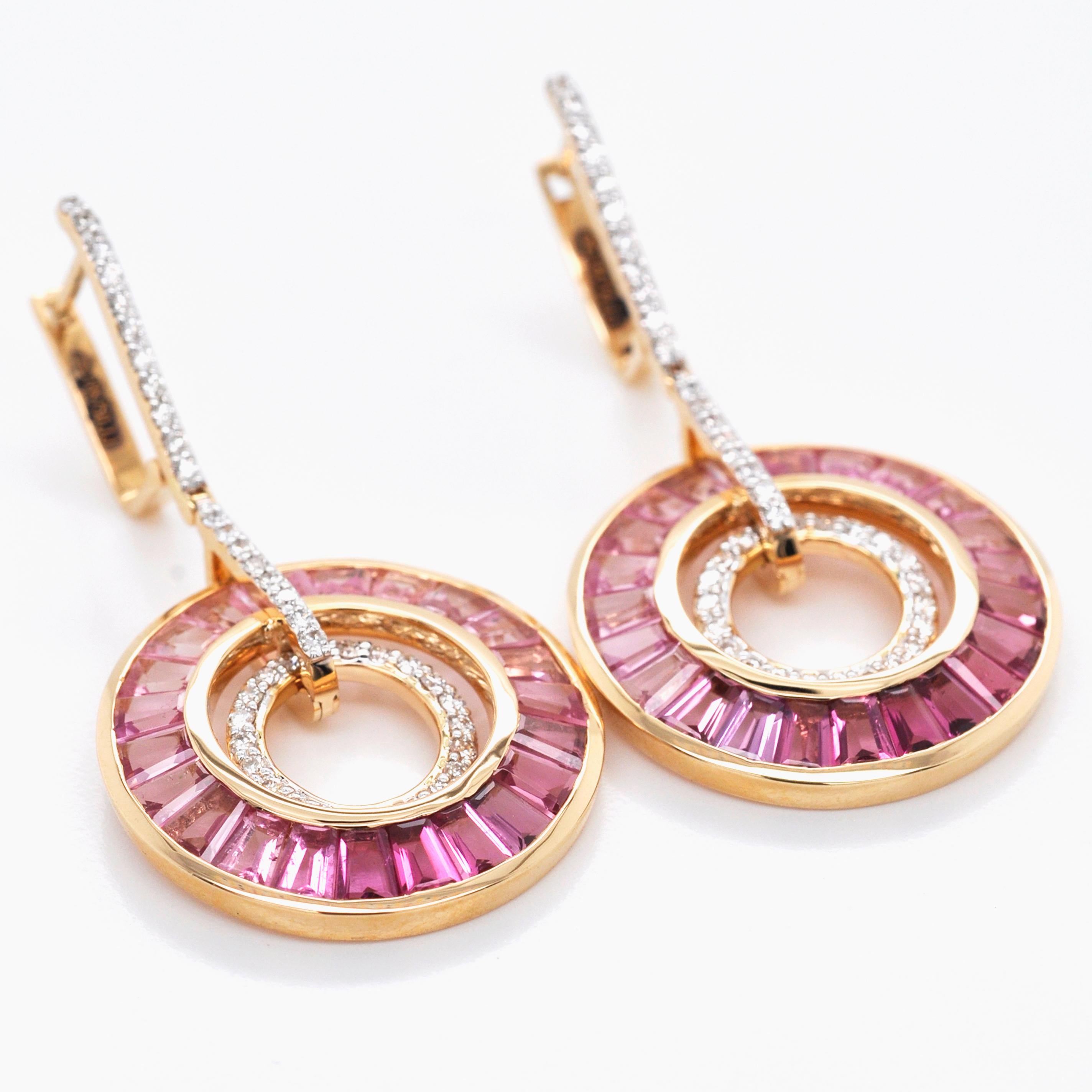 Art Deco Style 18 Karat Gold Pink Tourmaline Baguette Diamond Circular Earrings 3