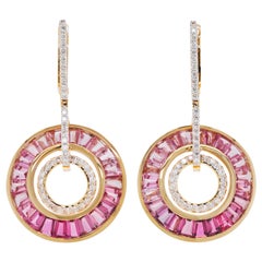 Art Deco Style 18 Karat Gold Pink Tourmaline Baguette Diamond Circular Earrings