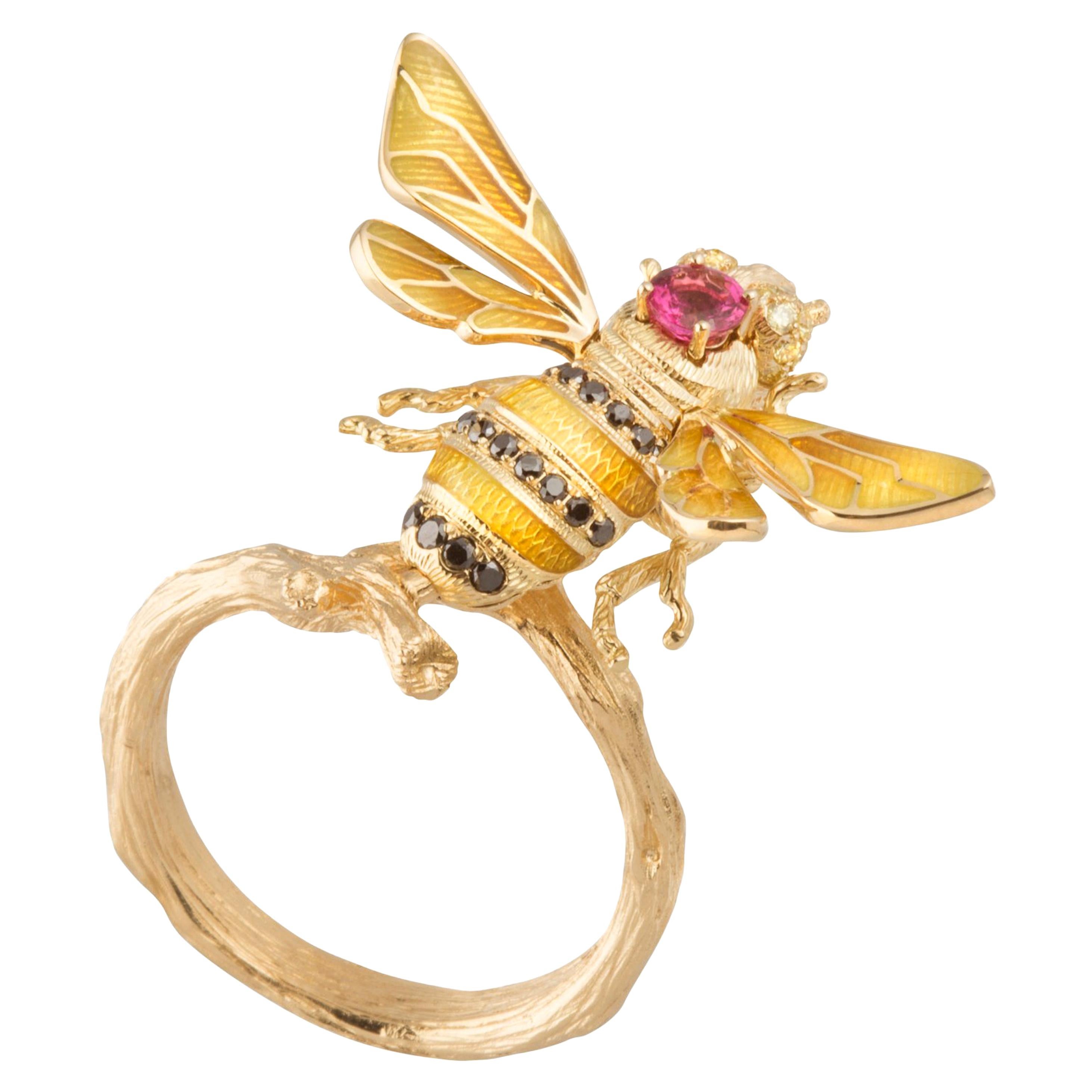 18 Karat Gold Pink Tourmaline Black and Yellow Diamond Enamel Bee Statement Ring For Sale