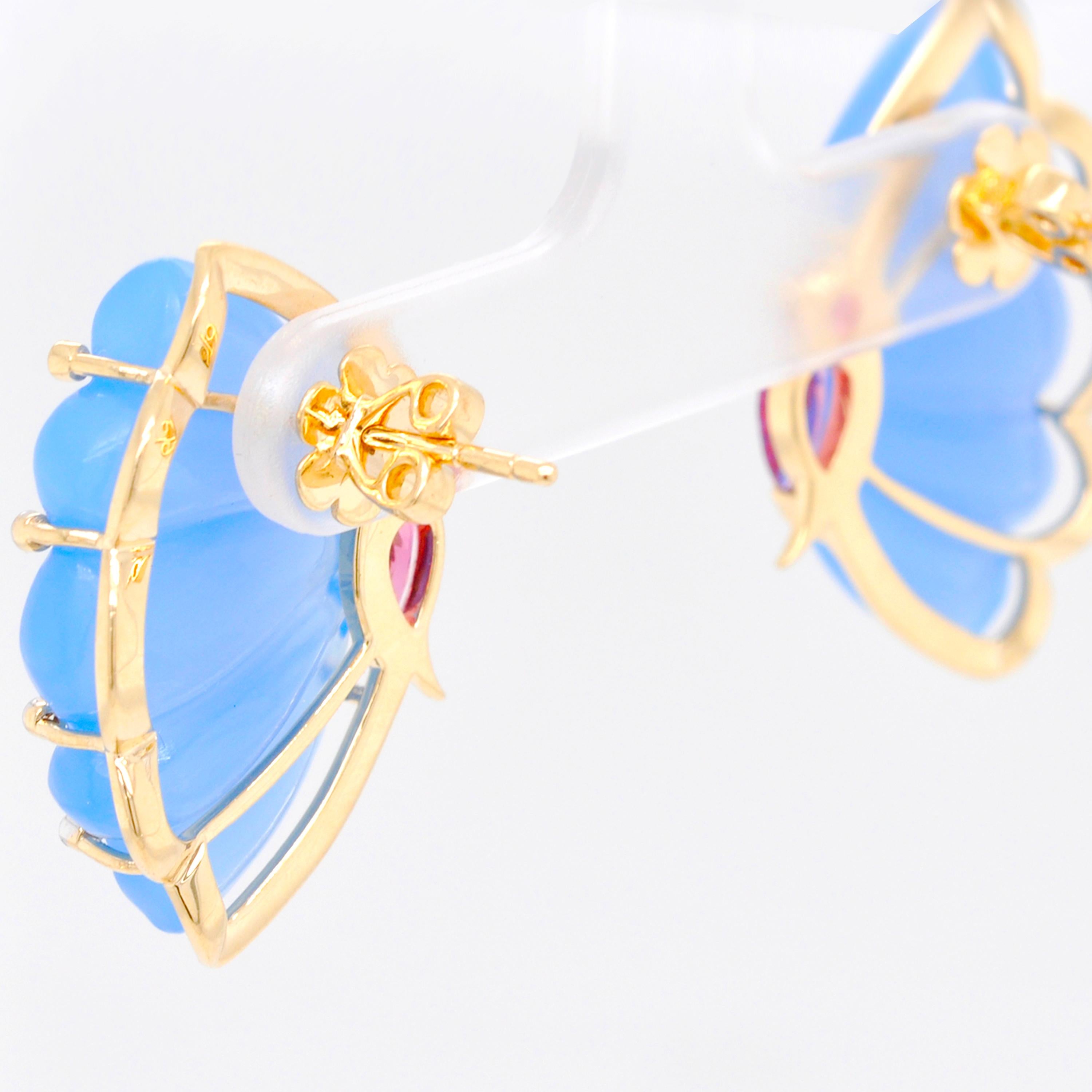 18 Karat Gold Pink Tourmaline Blue Chalcedony Butterfly Carving Diamond Earrings For Sale 4