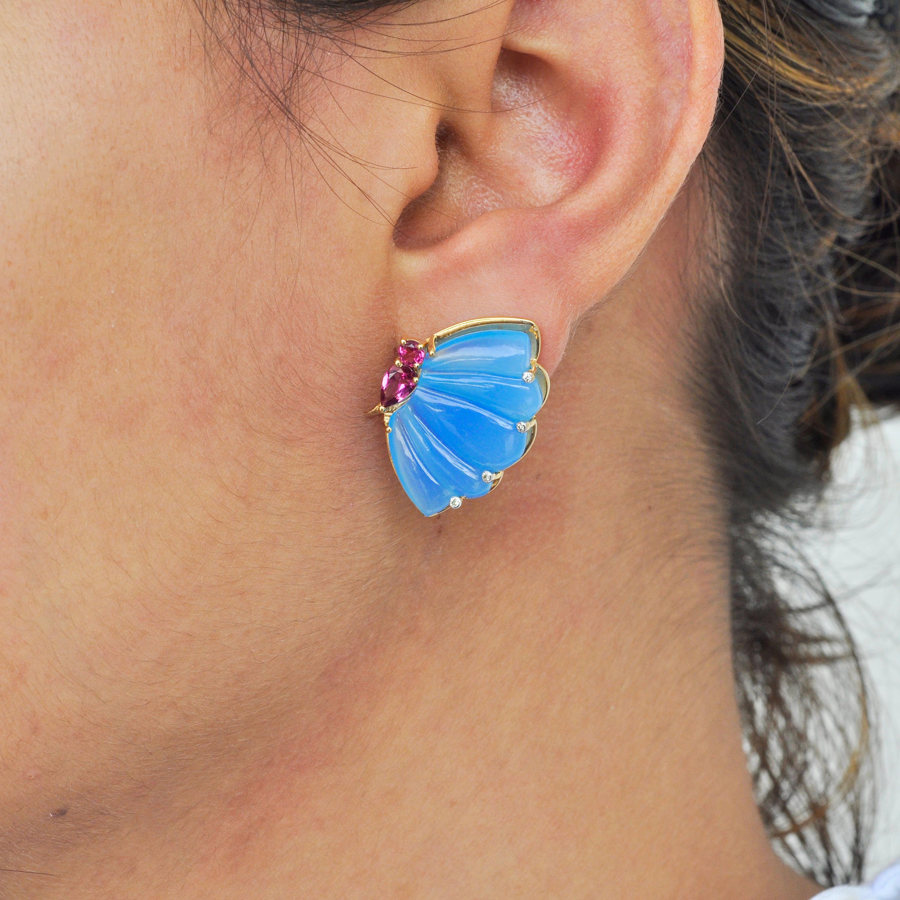 18 Karat Gold Pink Tourmaline Blue Chalcedony Butterfly Carving Diamond Earrings For Sale 6