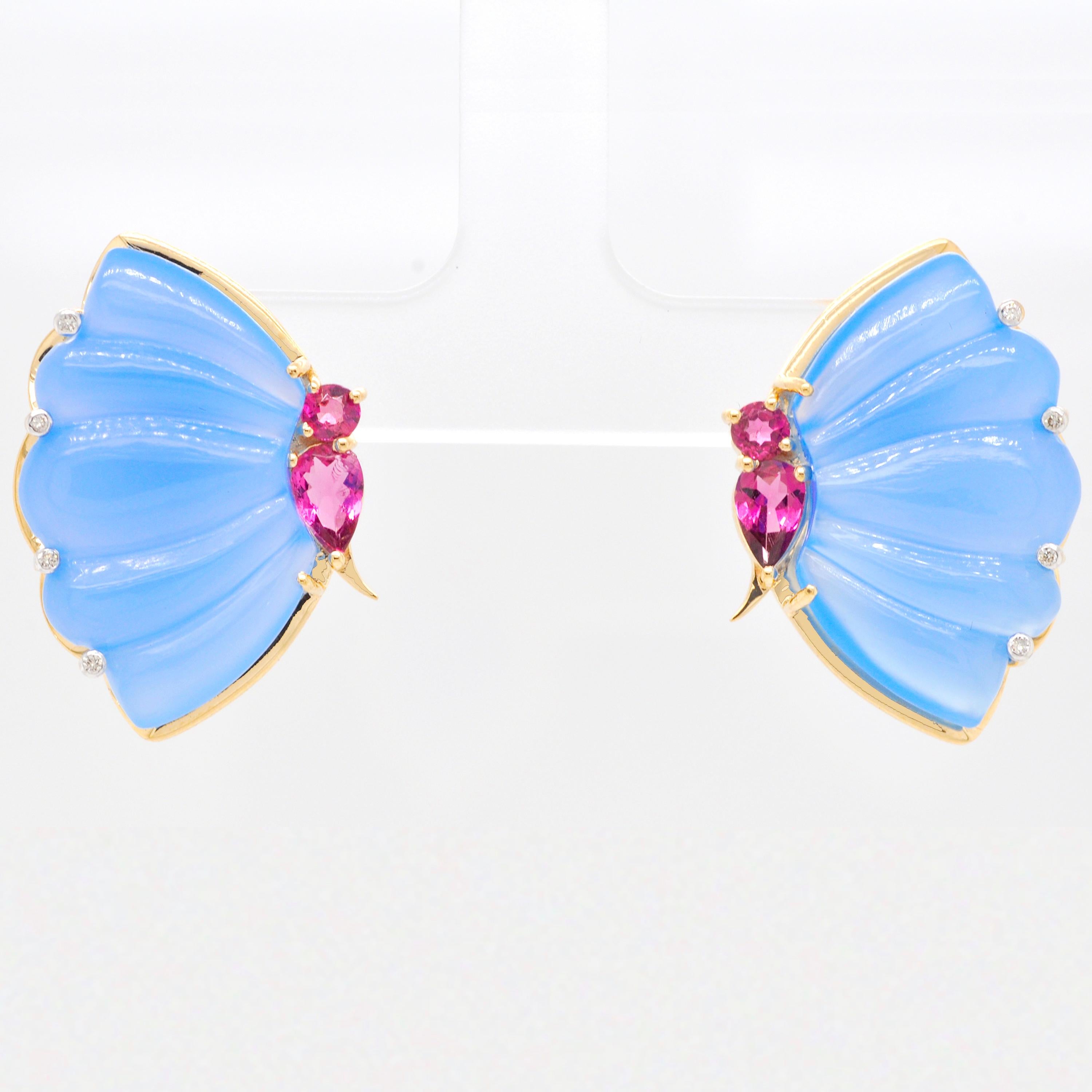 Women's 18 Karat Gold Pink Tourmaline Blue Chalcedony Butterfly Carving Diamond Earrings For Sale