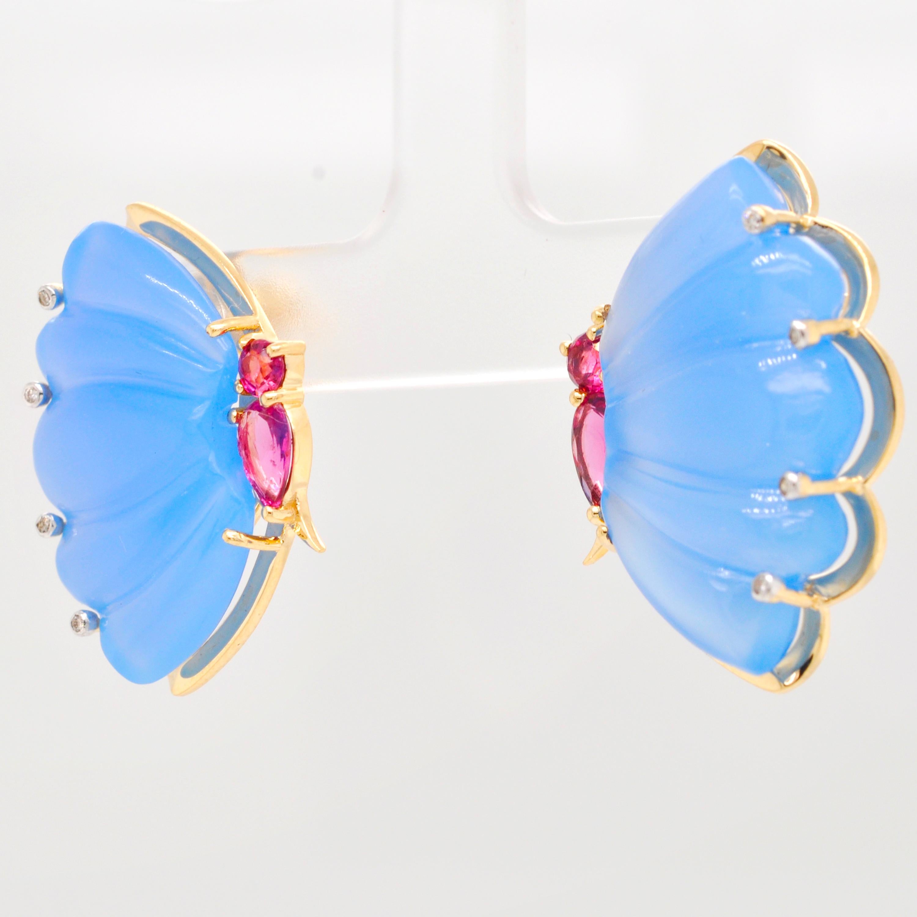 18 Karat Gold Pink Tourmaline Blue Chalcedony Butterfly Carving Diamond Earrings For Sale 1