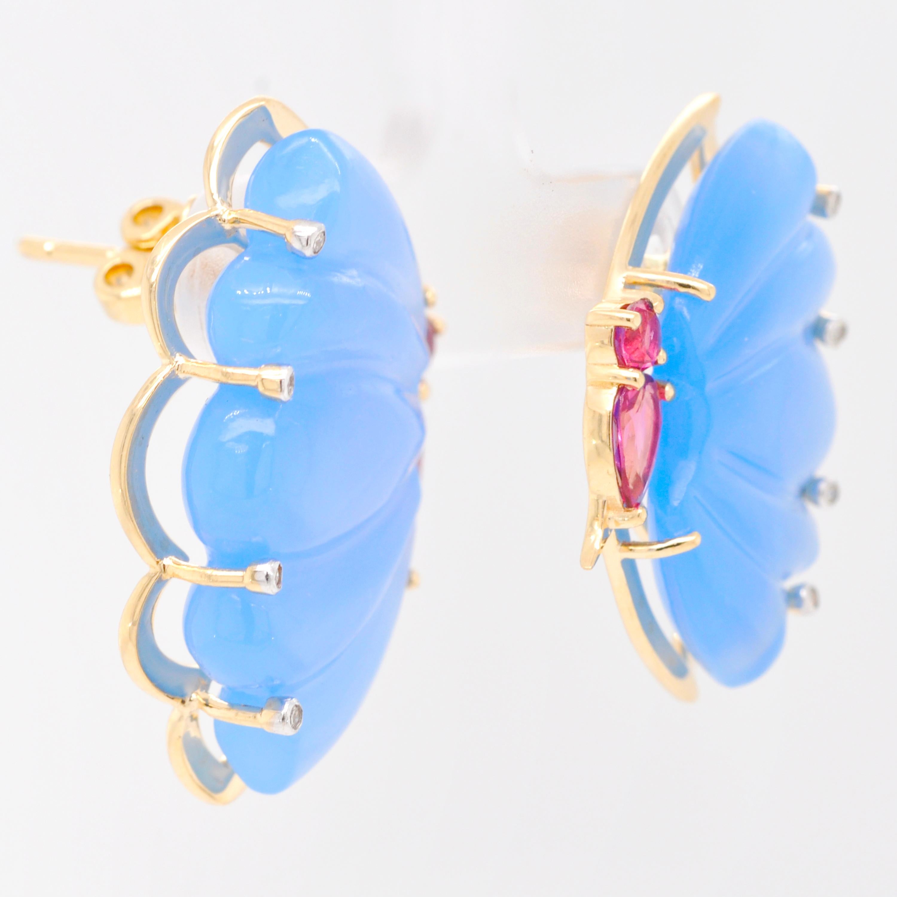 18 Karat Gold Pink Tourmaline Blue Chalcedony Butterfly Carving Diamond Earrings For Sale 2