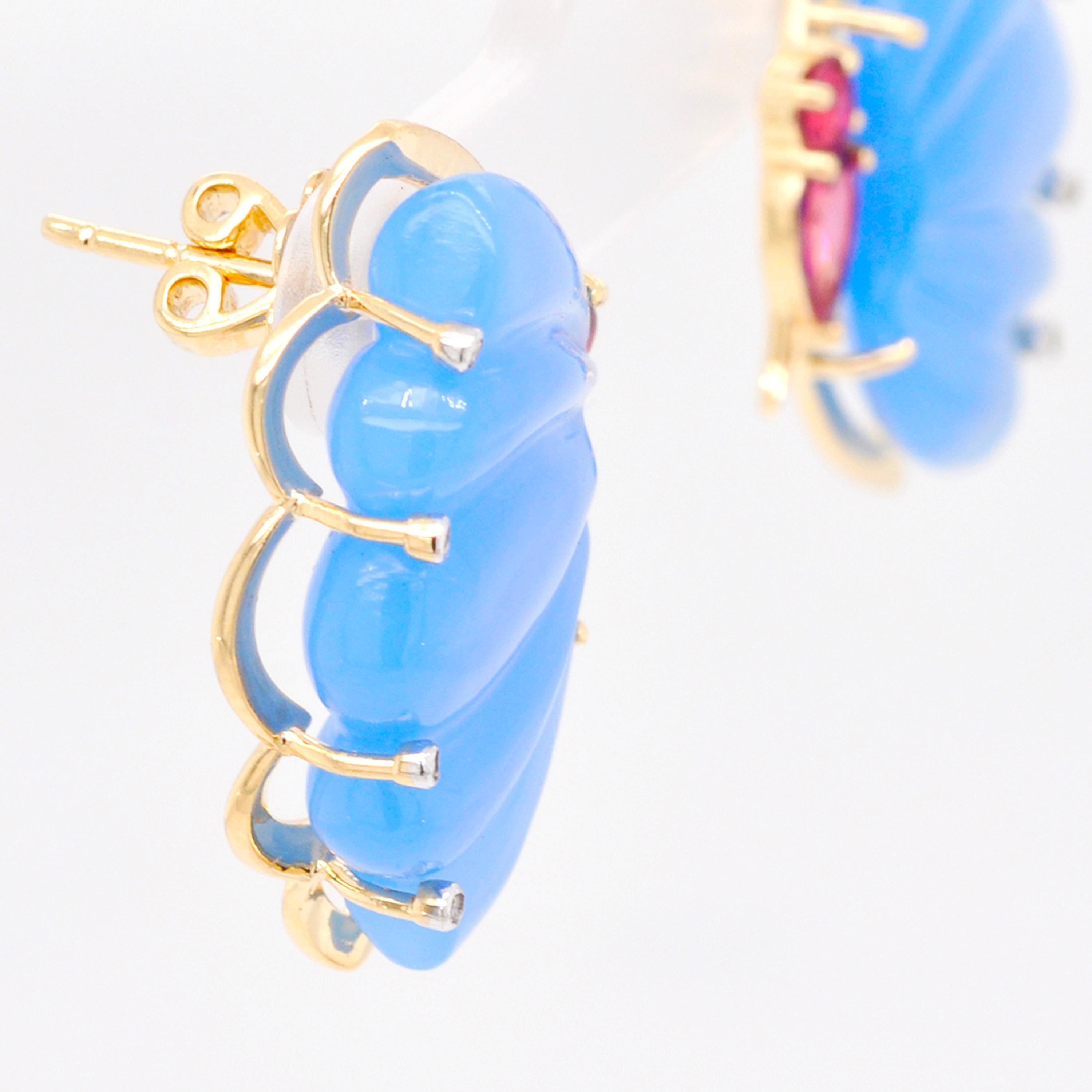 18 Karat Gold Pink Tourmaline Blue Chalcedony Butterfly Carving Diamond Earrings For Sale 3