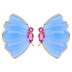 18 Karat Gold Pink Tourmaline Blue Chalcedony Butterfly Carving Diamond Earrings