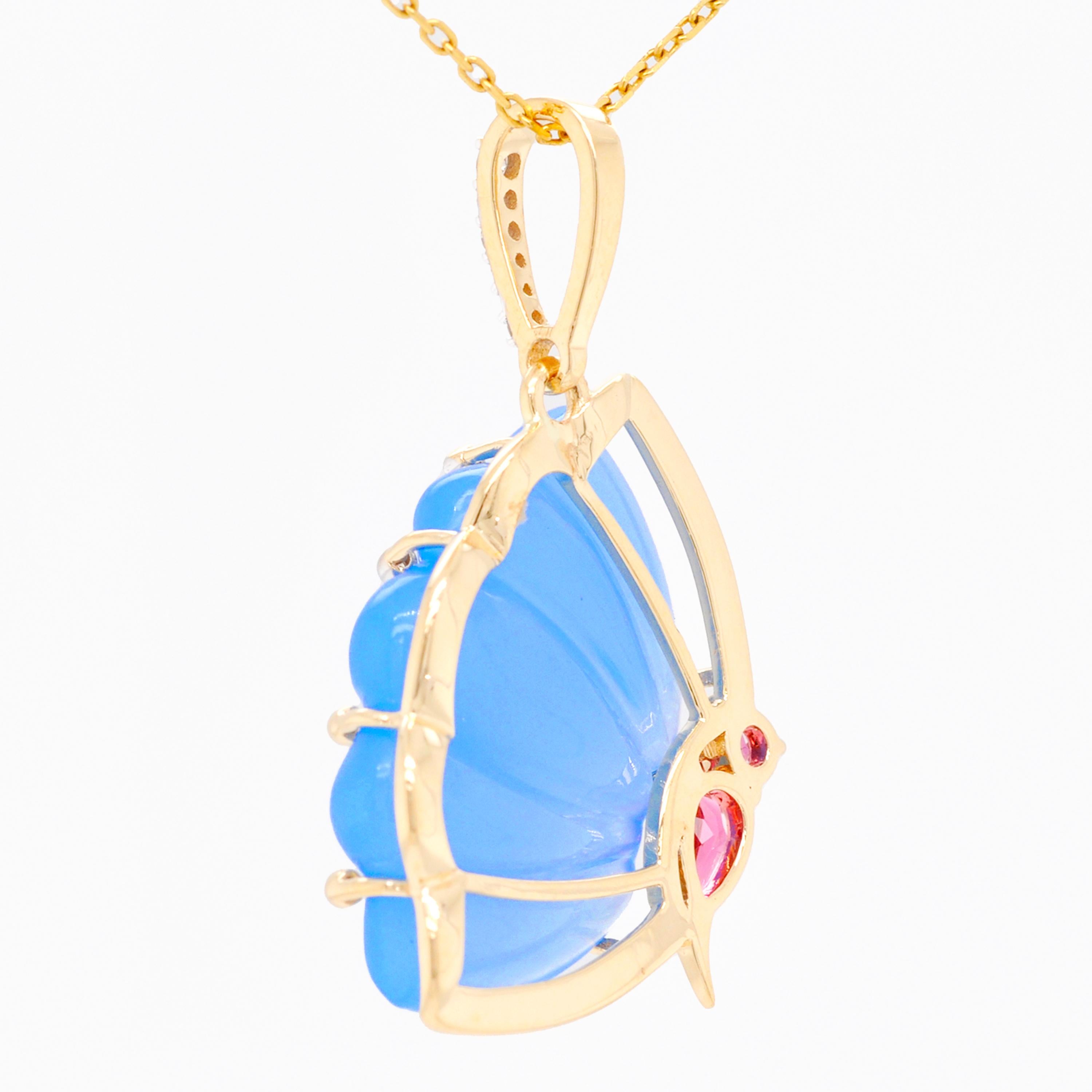 18 Karat Gold Pink Tourmaline Blue Chalcedony Butterfly Carving Diamond Pendant For Sale 1