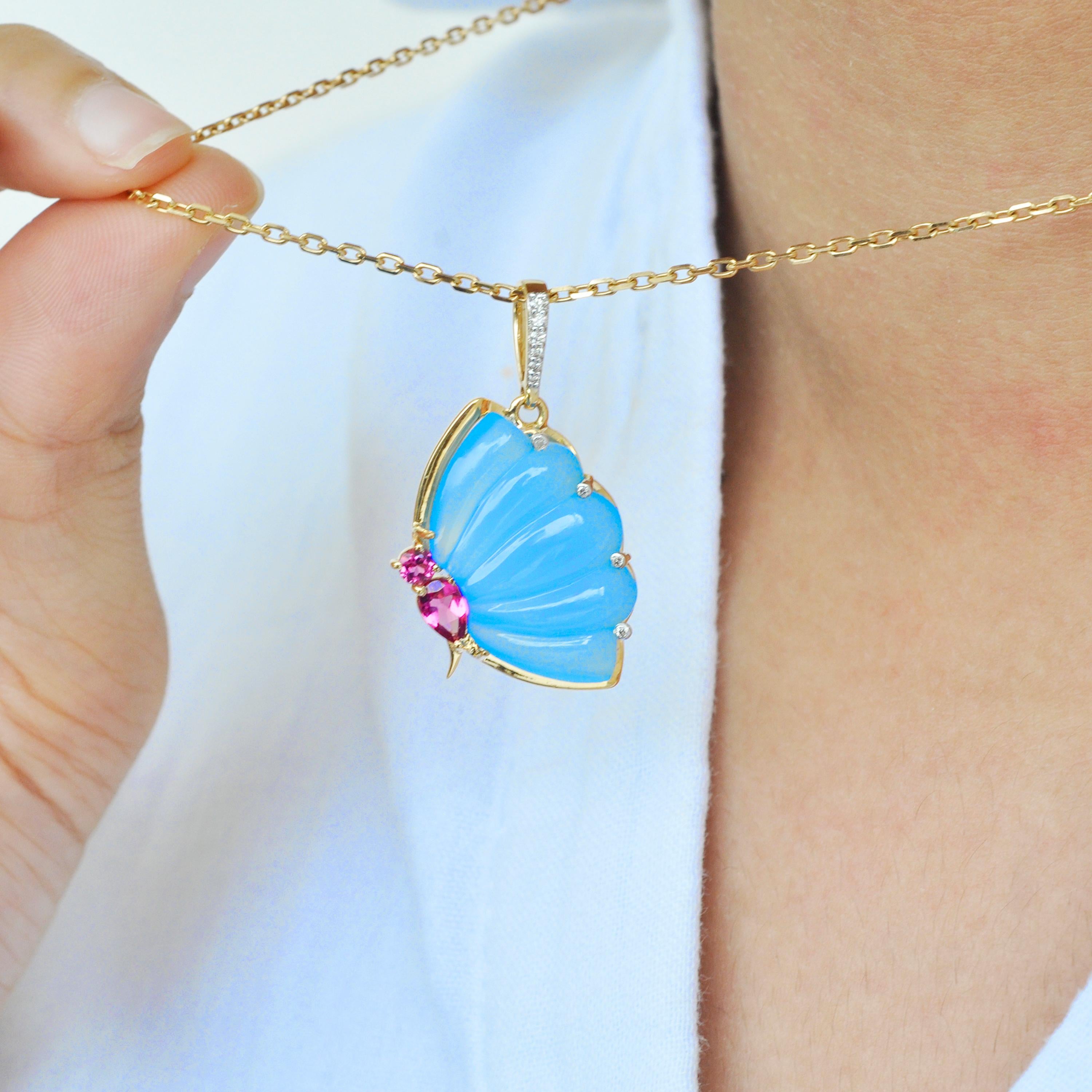 18 Karat Gold Pink Tourmaline Blue Chalcedony Butterfly Carving Diamond Pendant For Sale 4