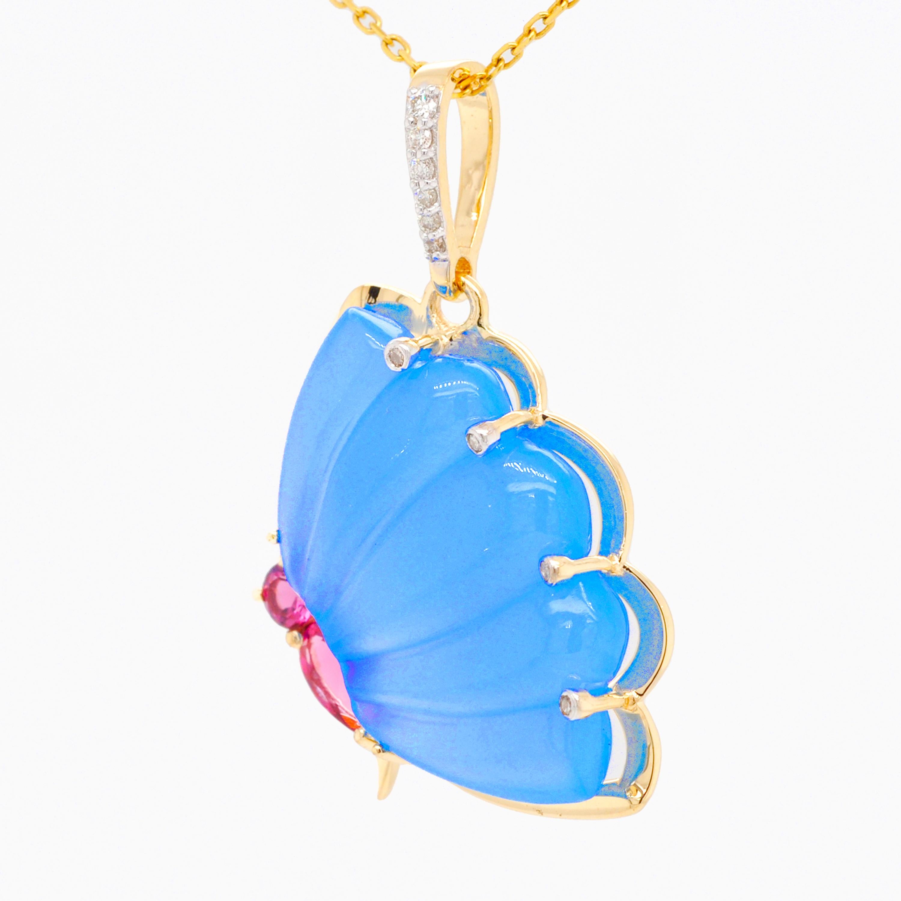 Contemporary 18 Karat Gold Pink Tourmaline Blue Chalcedony Butterfly Carving Diamond Pendant For Sale