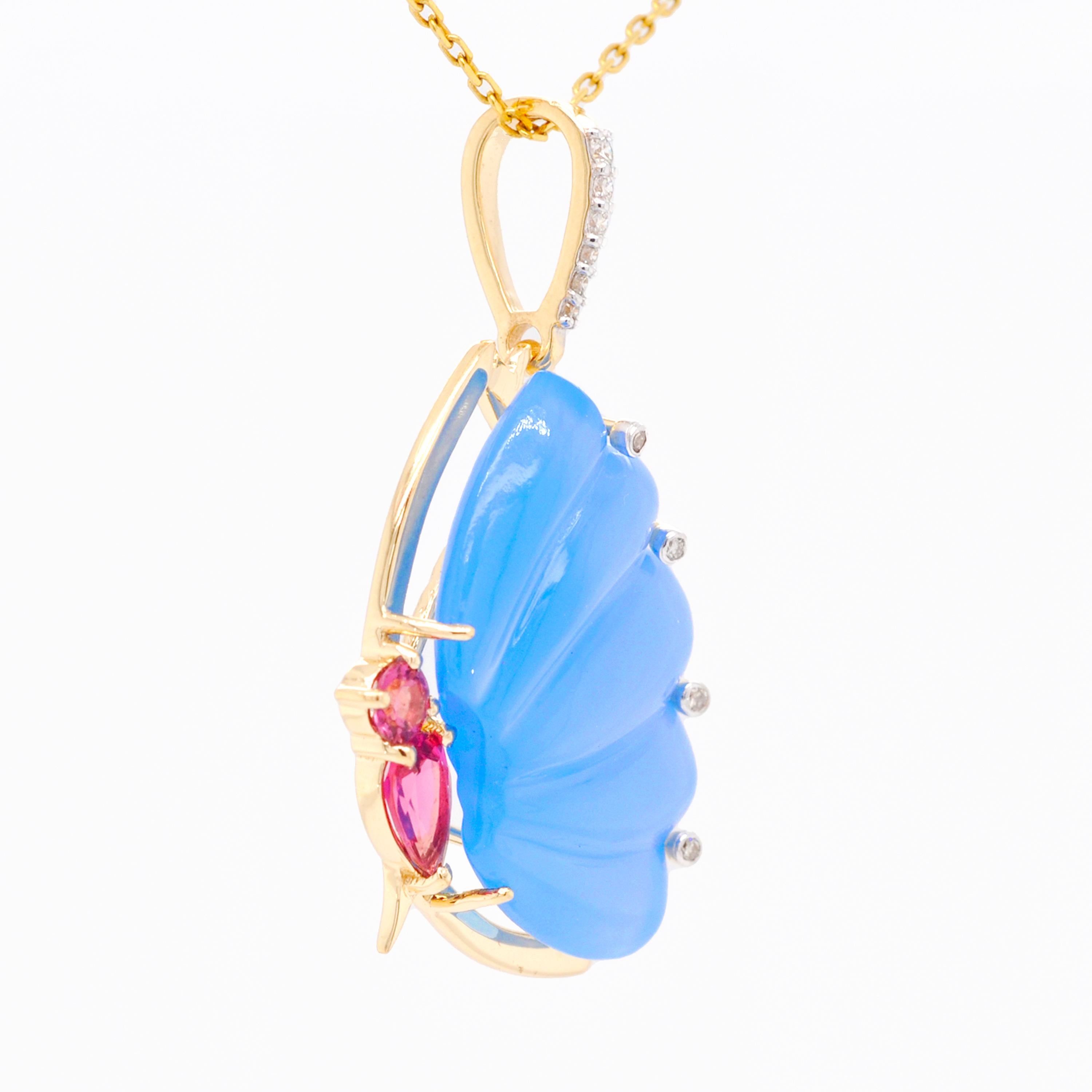 Mixed Cut 18 Karat Gold Pink Tourmaline Blue Chalcedony Butterfly Carving Diamond Pendant For Sale