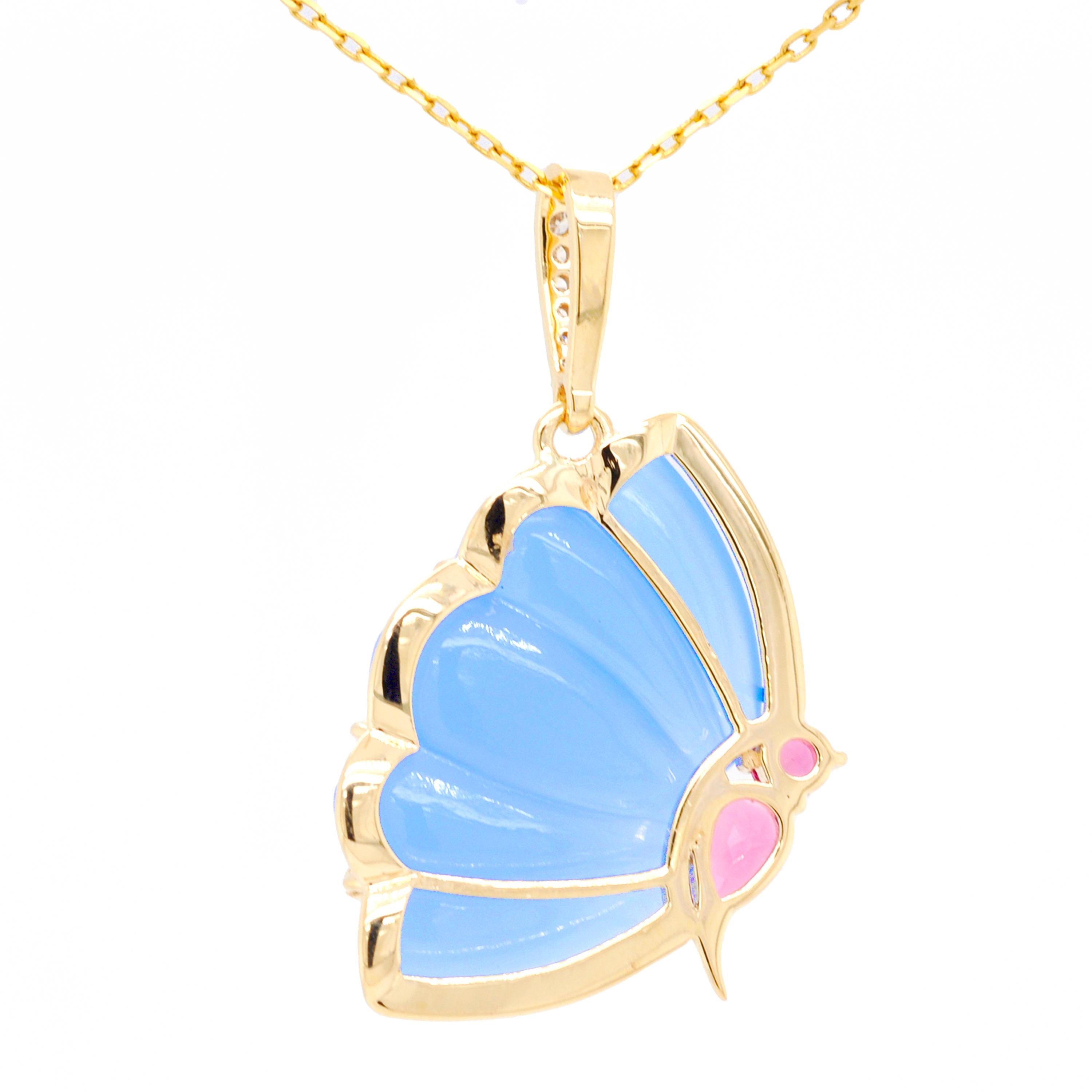 Women's 18 Karat Gold Pink Tourmaline Blue Chalcedony Butterfly Carving Diamond Pendant For Sale