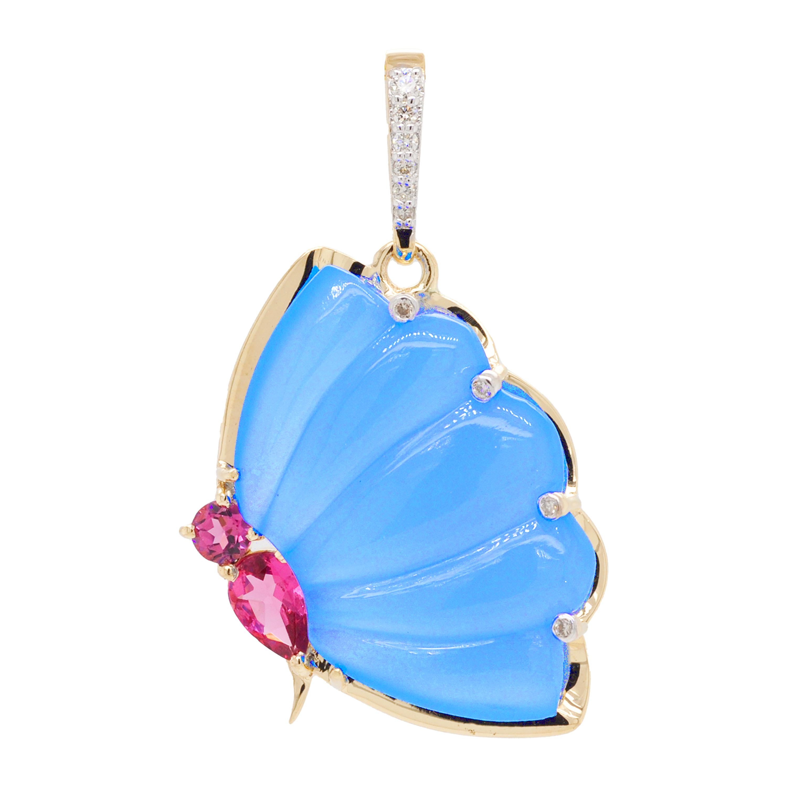 18 Karat Gold Pink Tourmaline Blue Chalcedony Butterfly Carving Diamond Pendant For Sale