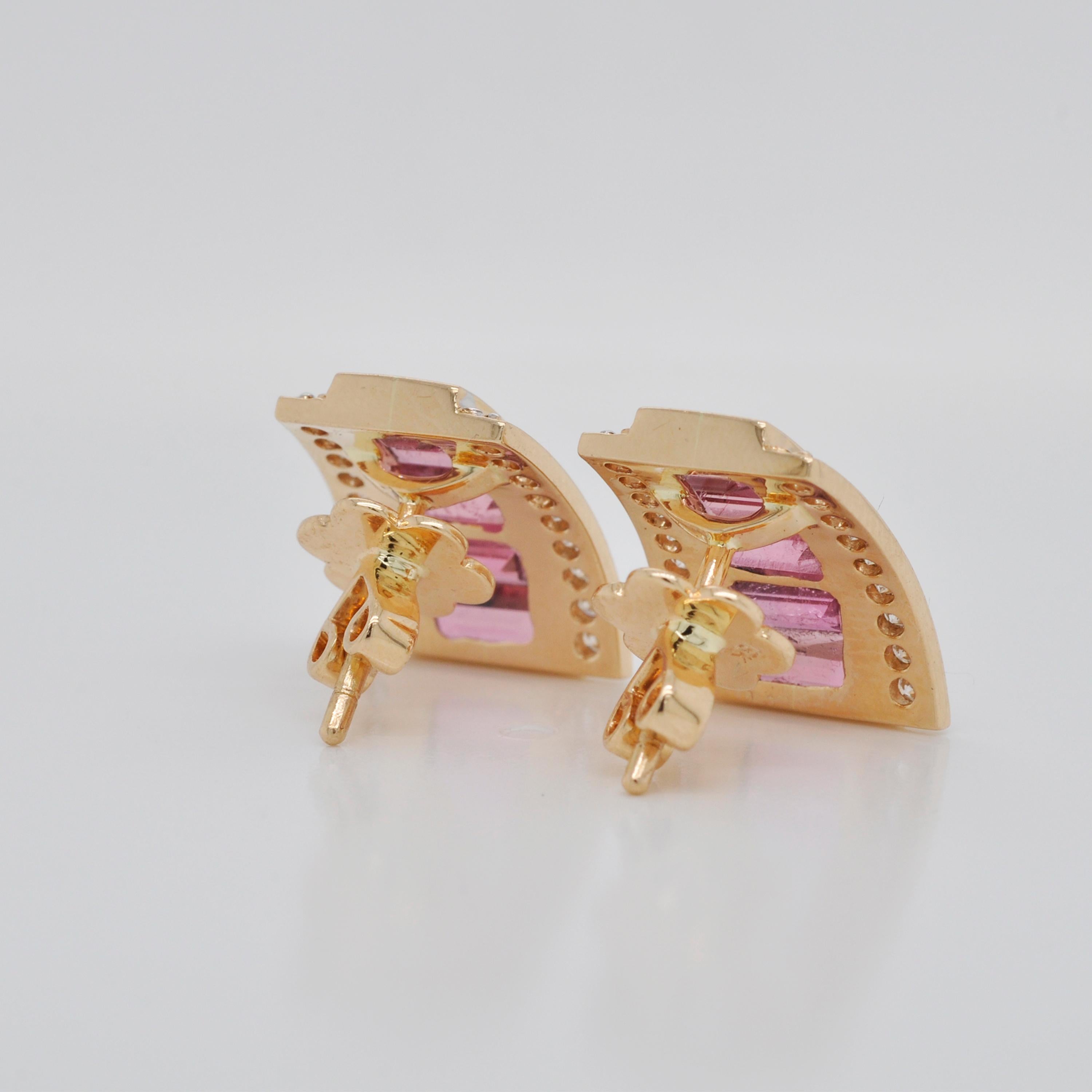 18 Karat Gold Pink Tourmaline Calibre Cut Channel Set Baguette Diamond Ear-Clips For Sale 4
