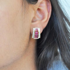 18 Karat Gold Pink Tourmaline Calibre Cut Channel Set Baguette Diamond Ear-Clips