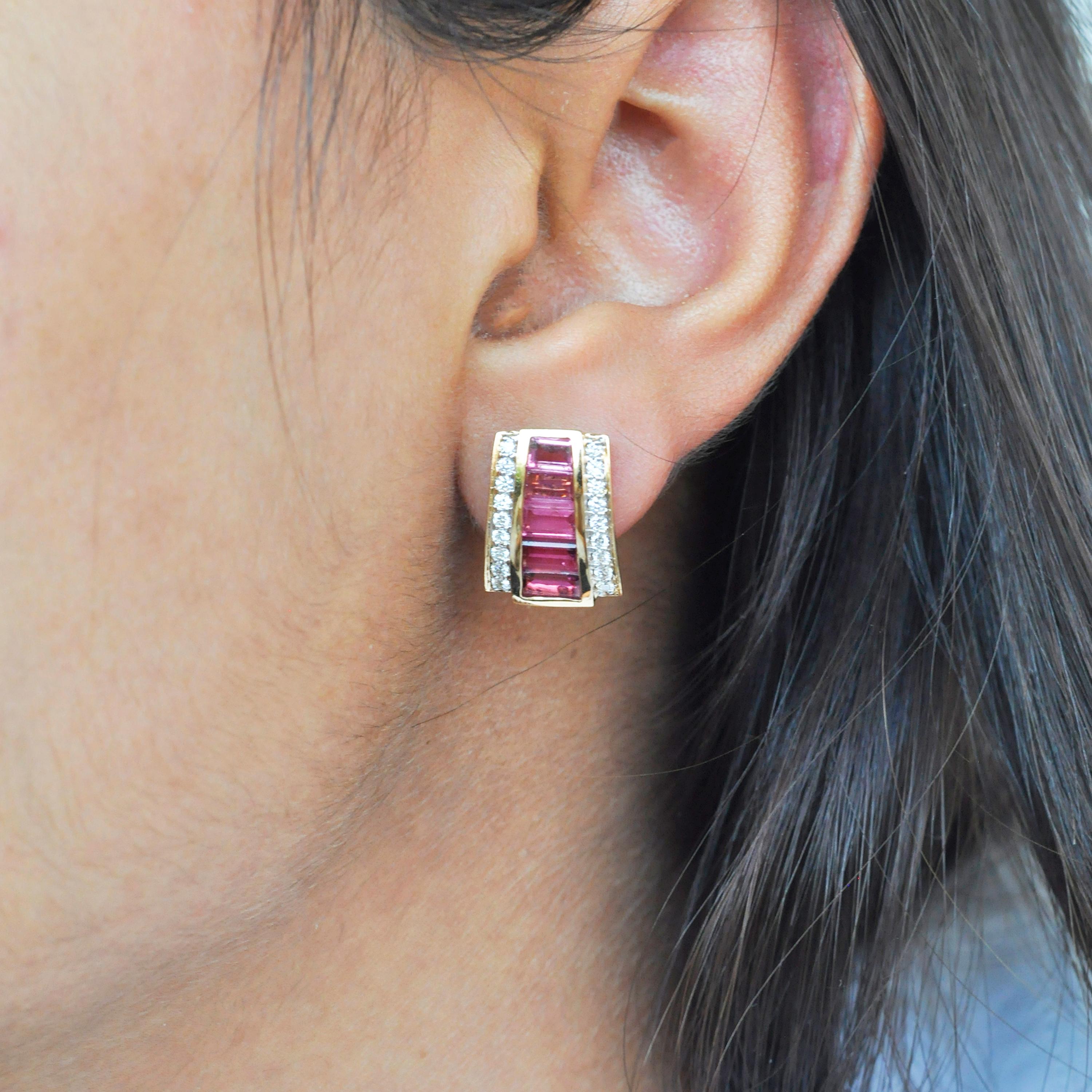 Art Deco 18 Karat Gold Pink Tourmaline Calibre Cut Channel Set Baguette Diamond Ear-Clips For Sale