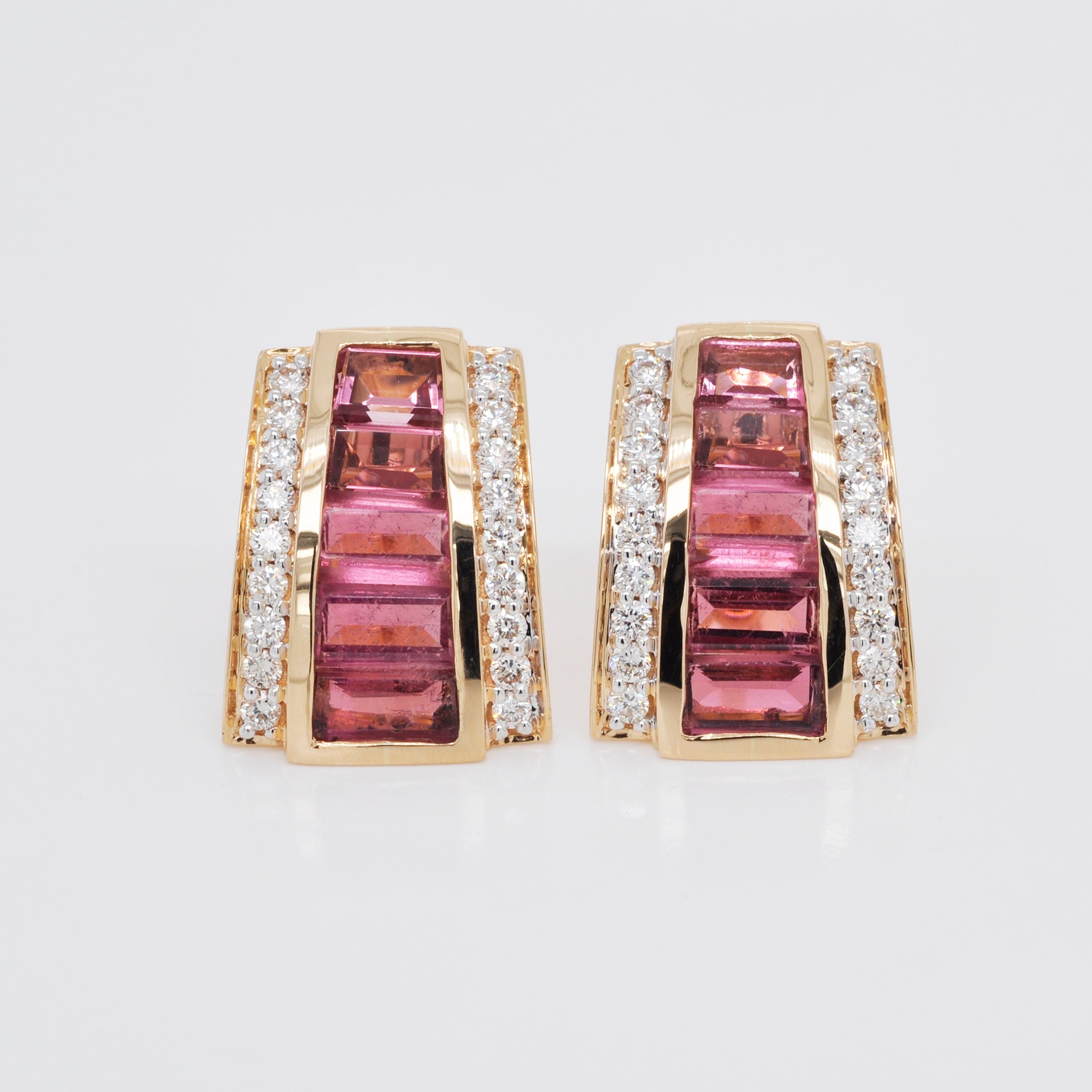 18 Karat Gold Pink Tourmaline Calibre Cut Channel Set Baguette Diamond Ear-Clips In New Condition For Sale In Jaipur, Rajasthan