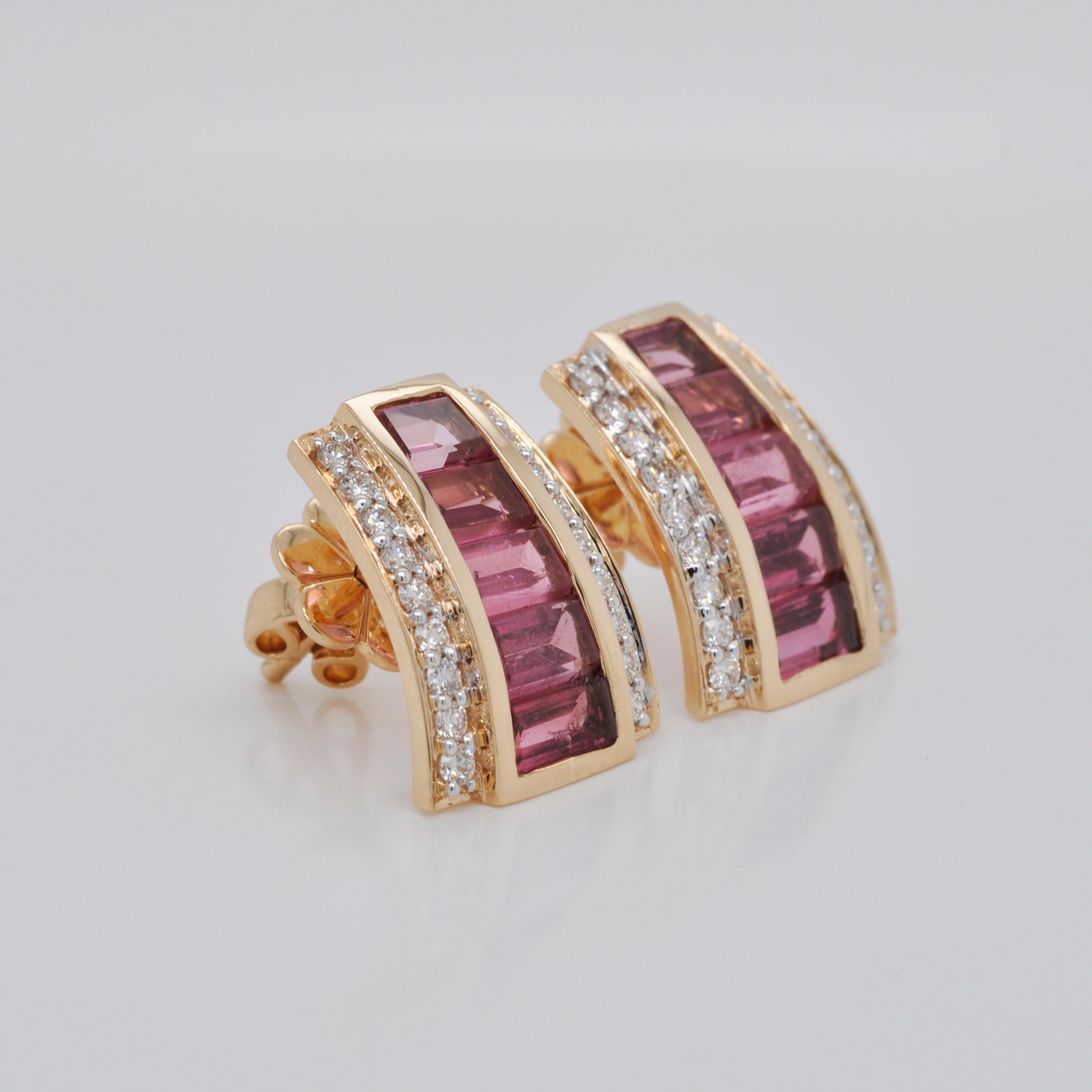 Women's 18 Karat Gold Pink Tourmaline Calibre Cut Channel Set Baguette Diamond Ear-Clips For Sale