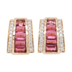 18 Karat Gold Pink Tourmaline Calibre Cut Channel Set Baguette Diamond Ear-Clips