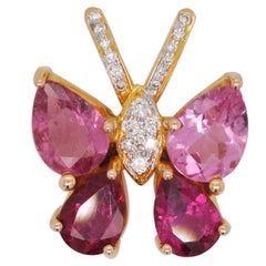 18 Karat Gold Pink Tourmaline Diamond Butterfly Pendant Necklace