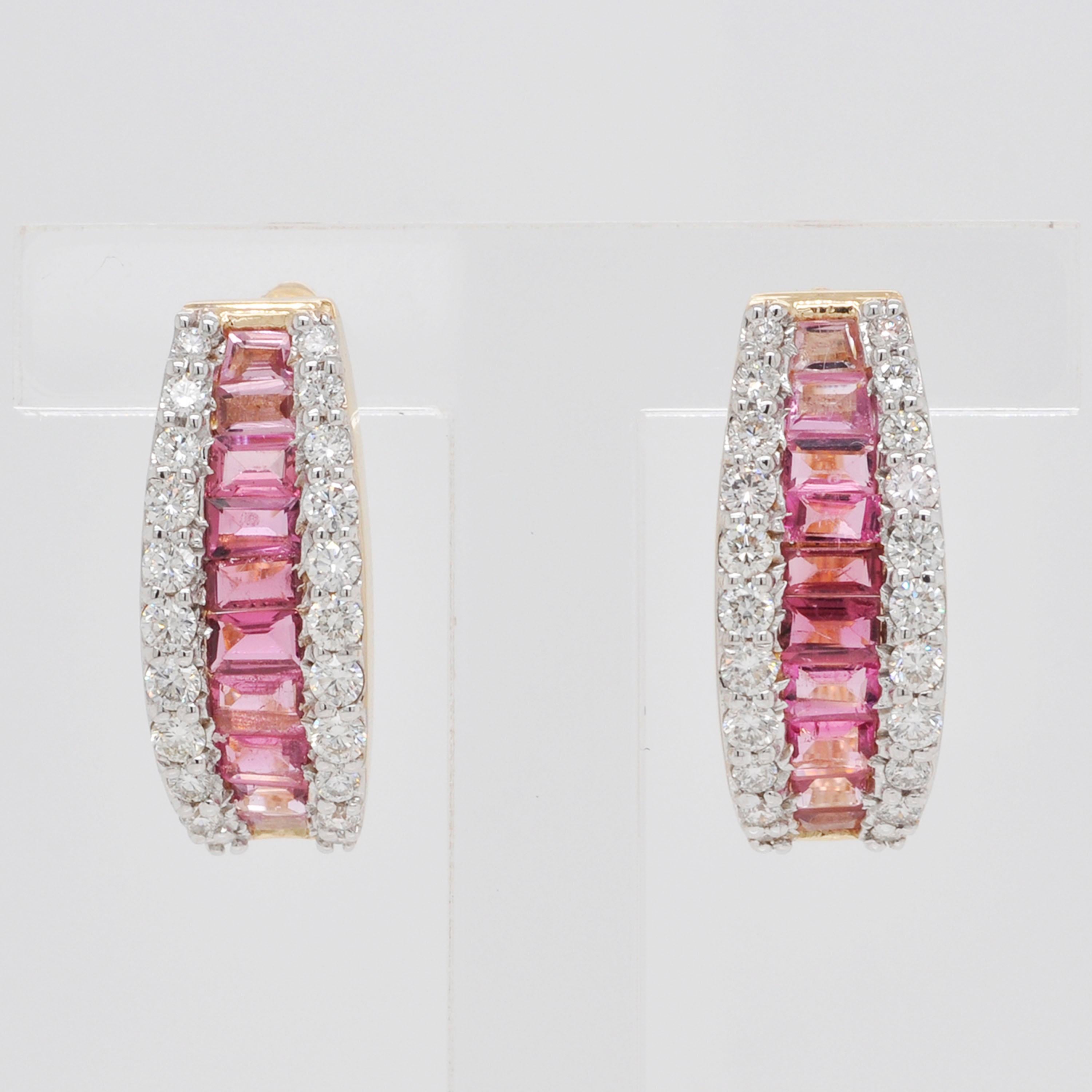 18 Karat Gold Pink Tourmaline Diamond Huggies Pendant Necklace Earrings Ring Set For Sale 6