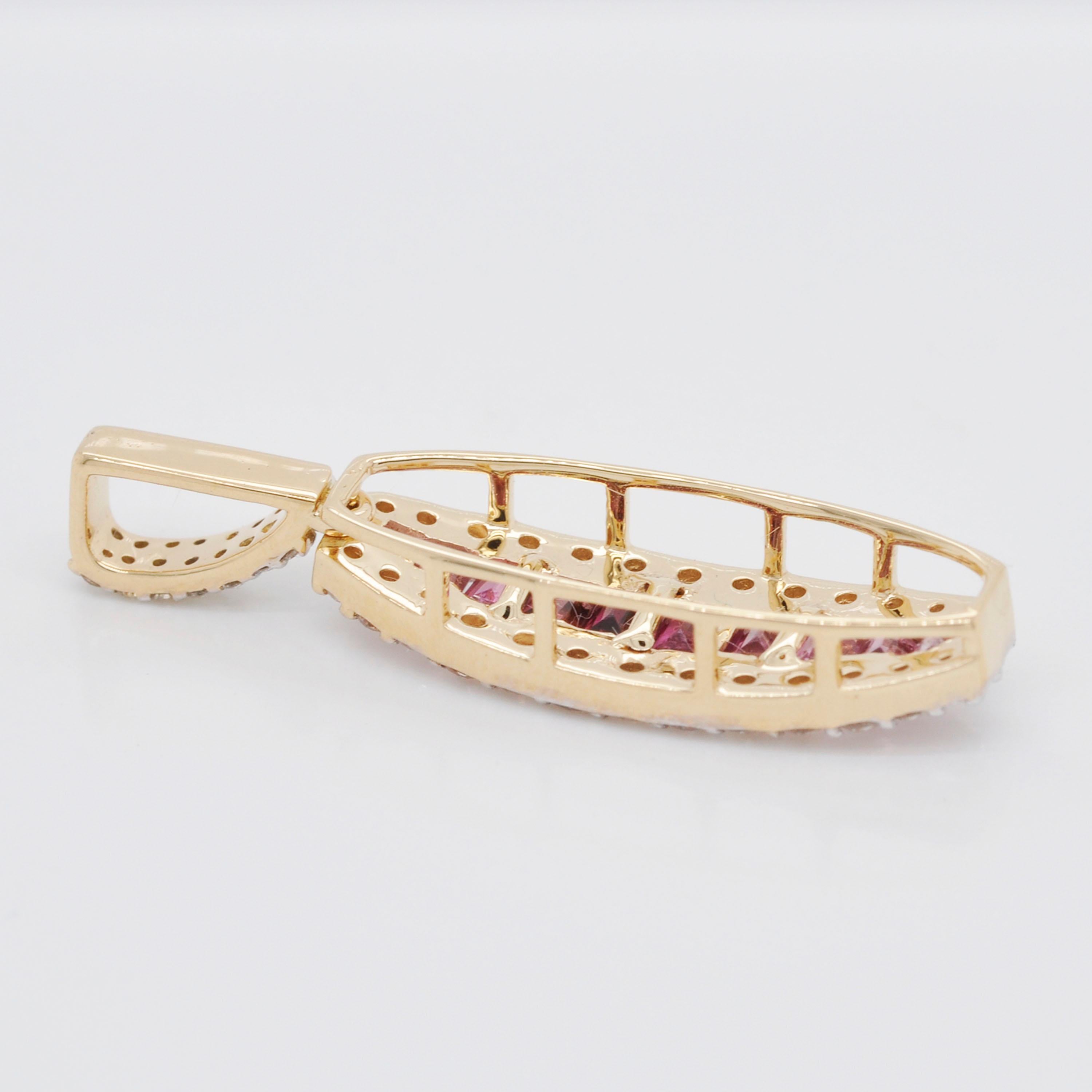 Tapered Baguette 18 Karat Gold Pink Tourmaline Diamond Huggies Pendant Necklace Earrings Ring Set For Sale