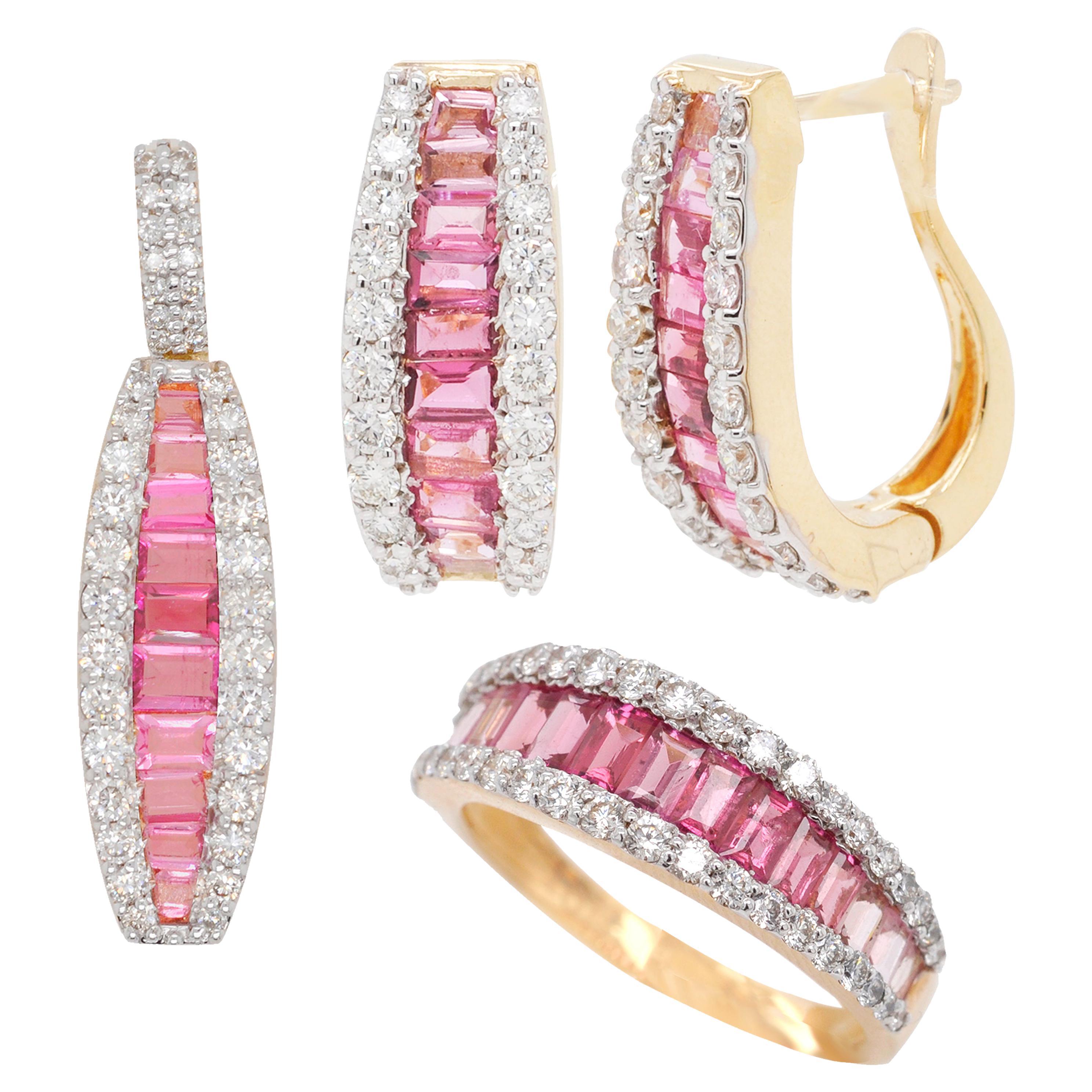 18 Karat Gold Pink Tourmaline Diamond Huggies Pendant Necklace Earrings Ring Set For Sale