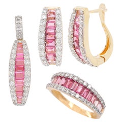 18 Karat Gold Rosa Turmalin Diamant Huggies Anhänger Halskette Ohrringe Ring Set